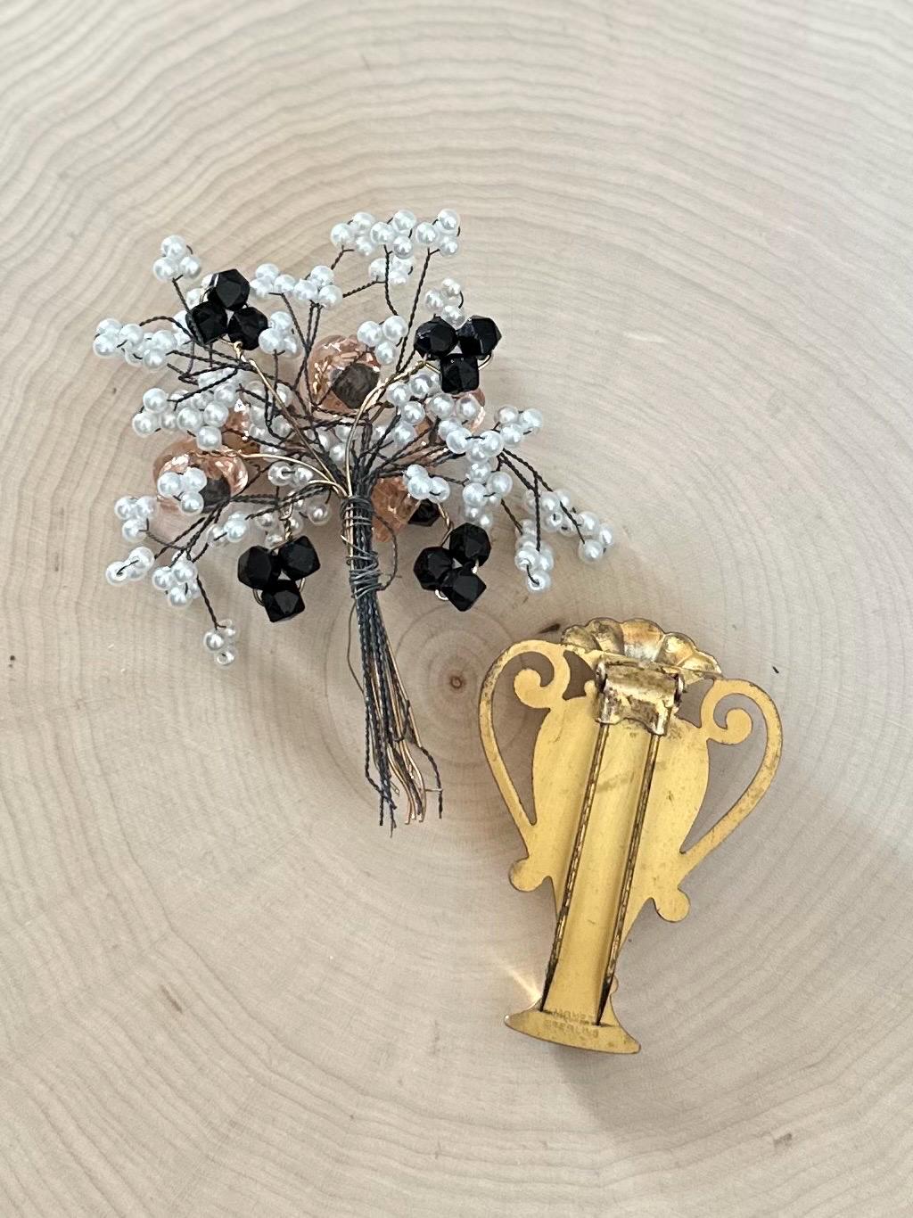 Rare Vintage 1940s 1950s Signed MONET Sterling Silver & Gold Vermeil Urn Brooch Fur Clip with Hand Beaded Wire Wrapped Beaded Flower Bouquet