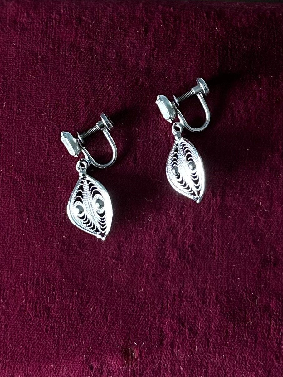 Vintage 1950s Signed ESPO FLEX Sterling Silver Filigree & Marquise Rhinestone Screw-back Earrings