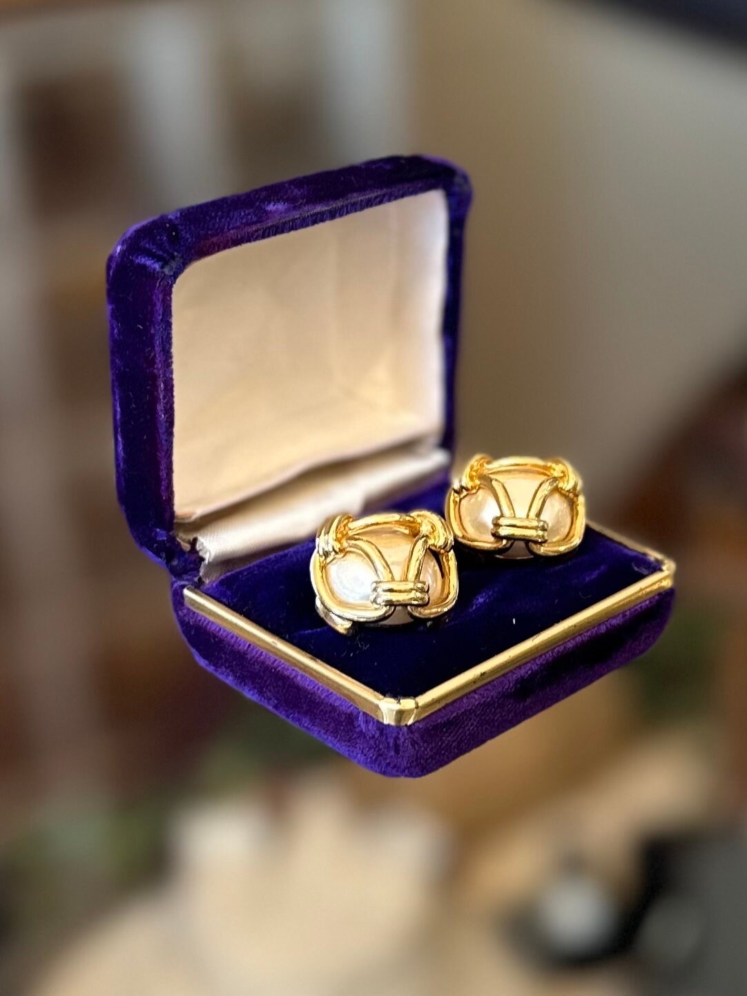 Vintage 1990s Signed Carolee Gold Plated Caged Faux Pearl Stud Earrings