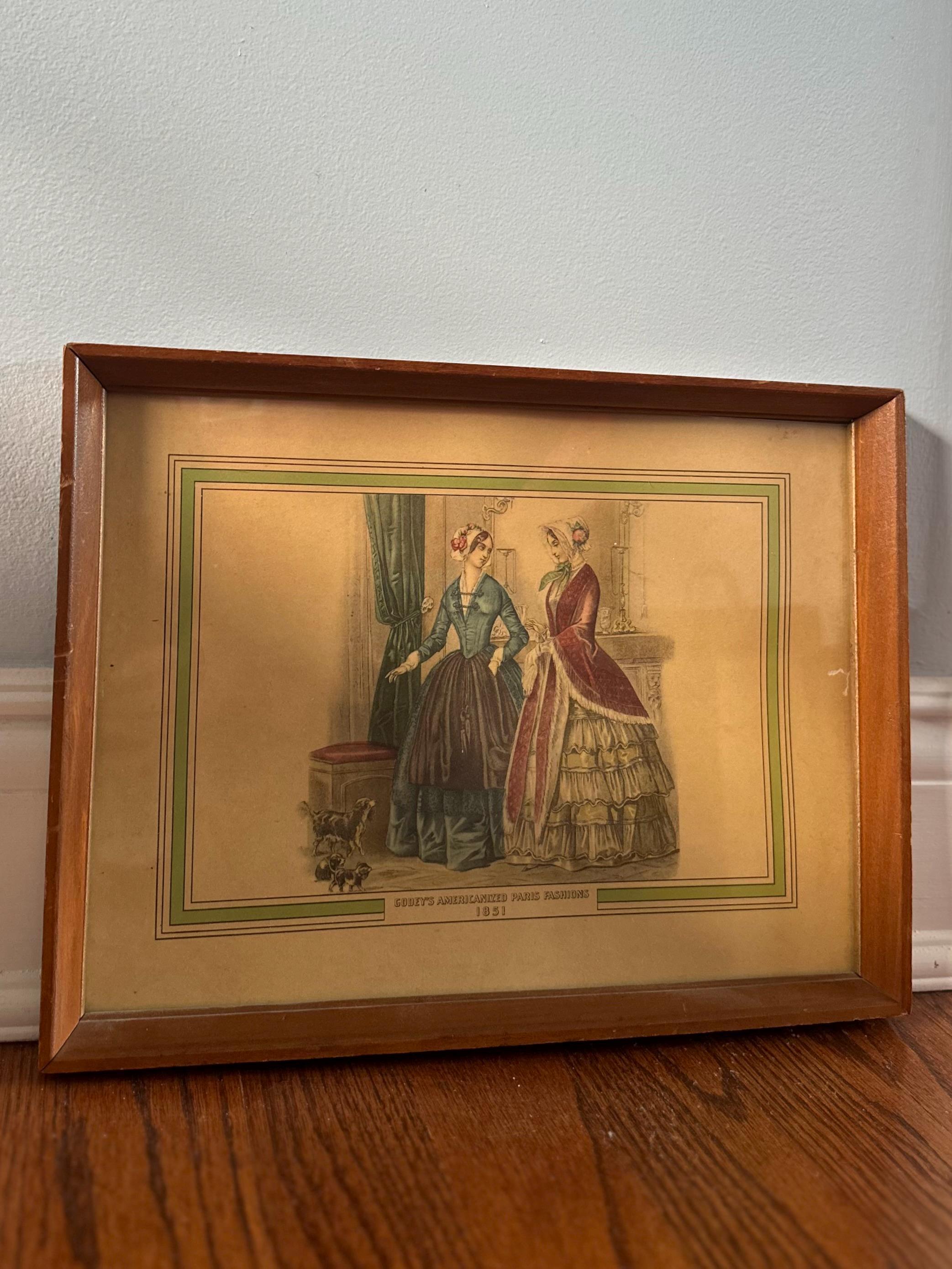 Vintage Wood Framed Godey’s Americanized Paris Fashions 1851 Colored Print 12.75x9.75