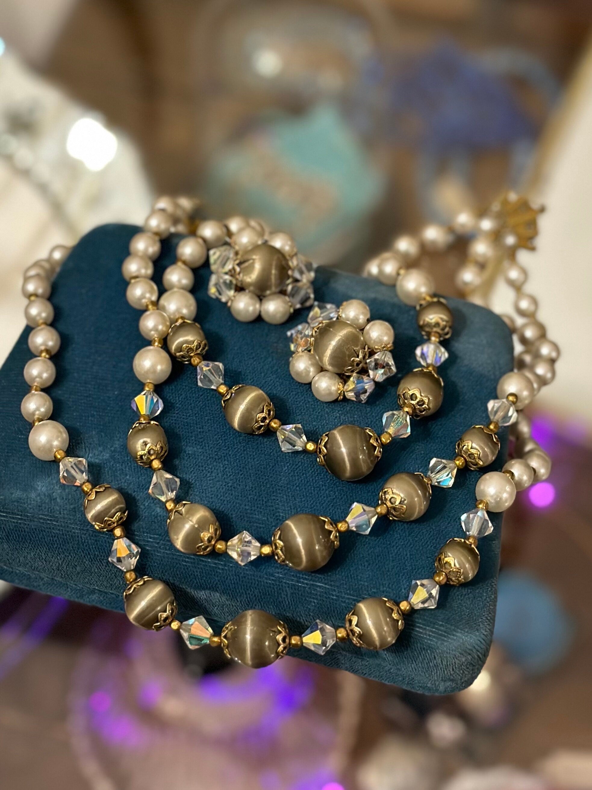 Vintage 1960s Faux Taupe & Cream Pearl and Crystal Beaded Triple Strand Choker Collar Necklace with Matching Clip-On Earrings