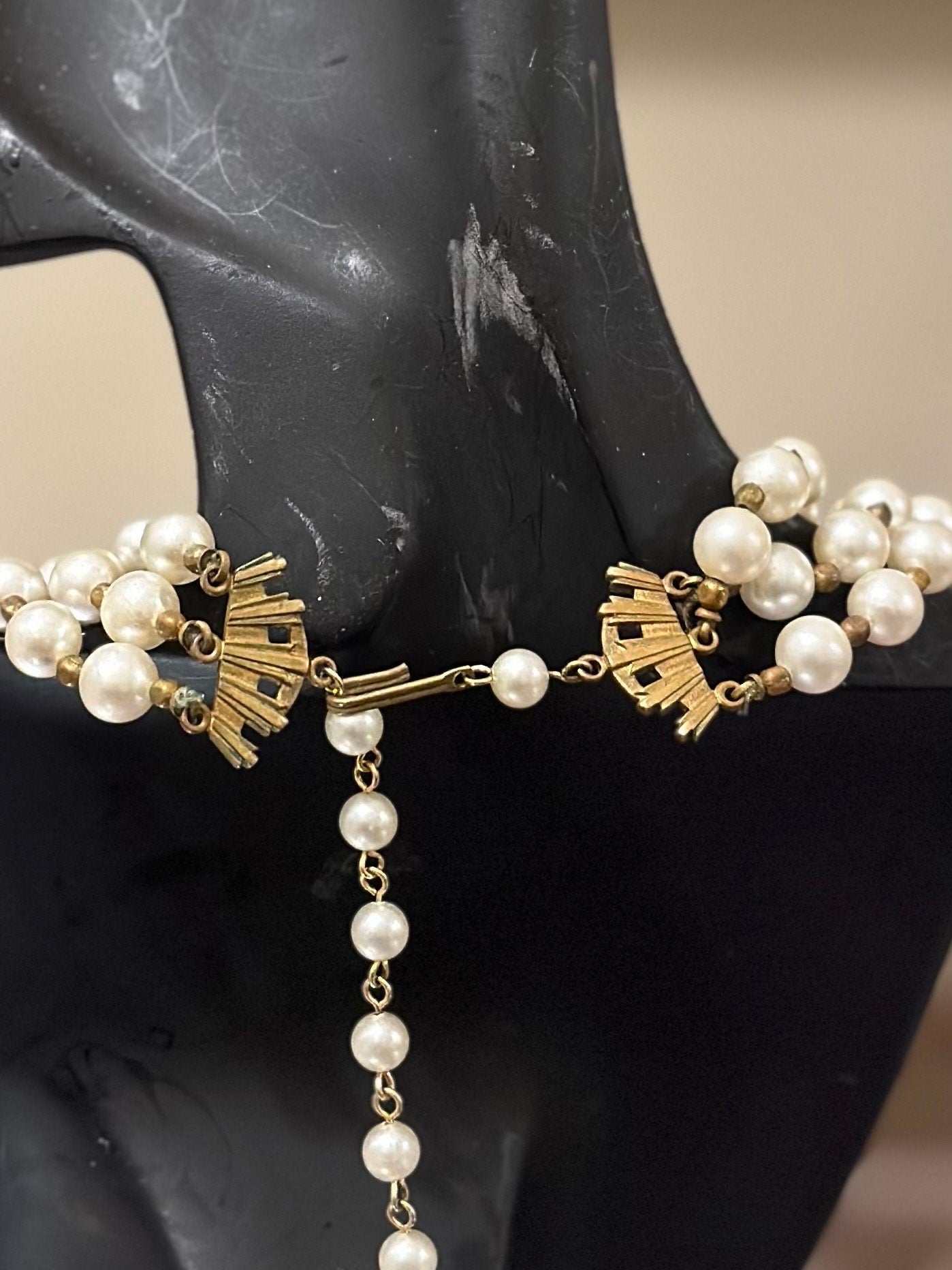 Vintage 1960s Faux Taupe & Cream Pearl and Crystal Beaded Triple Strand Choker Collar Necklace with Matching Clip-On Earrings
