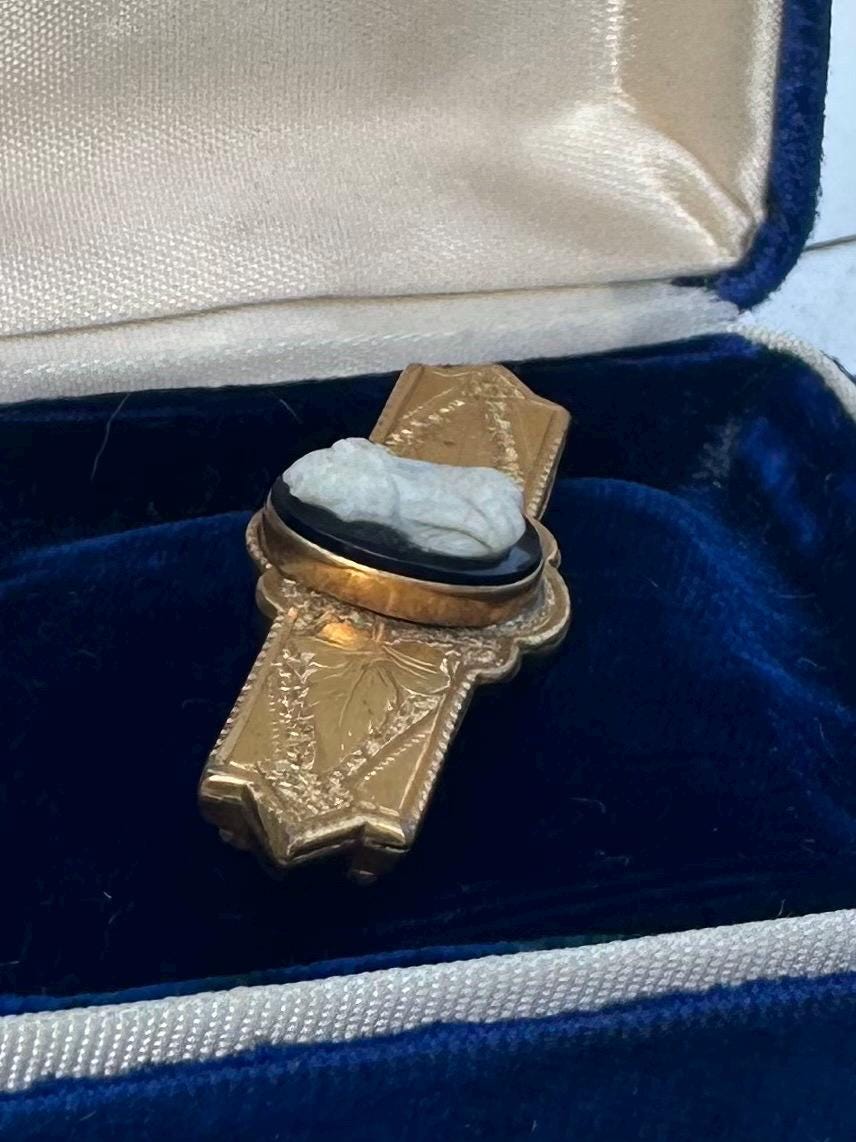 Antique Victorian Hand Engraved Gold Filled Black & White Cameo Hardstone Bar Pin Brooch C-Clasp