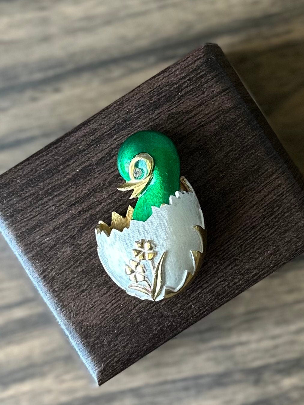 Vintage Signed Alice Caviness Green Enamel Duckling Chick in Egg Gold Tone Brooch Rhinestone Eye Easter