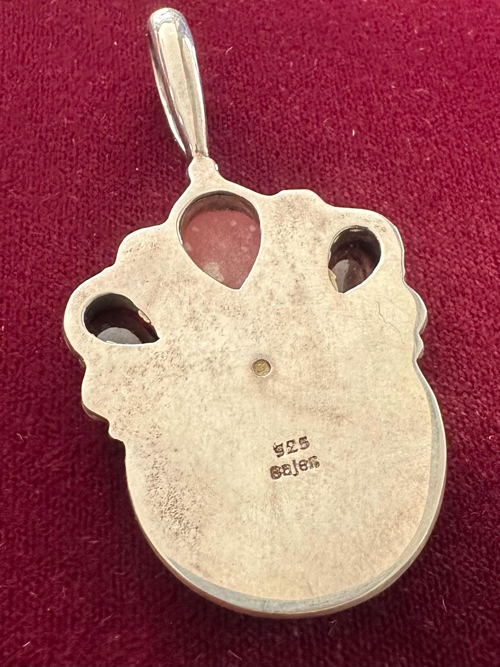 Vintage Signed SAJEN Sterling Silver & Carved Bone Moon Face with Cabochon Gemstones Statement Pendant Balinese