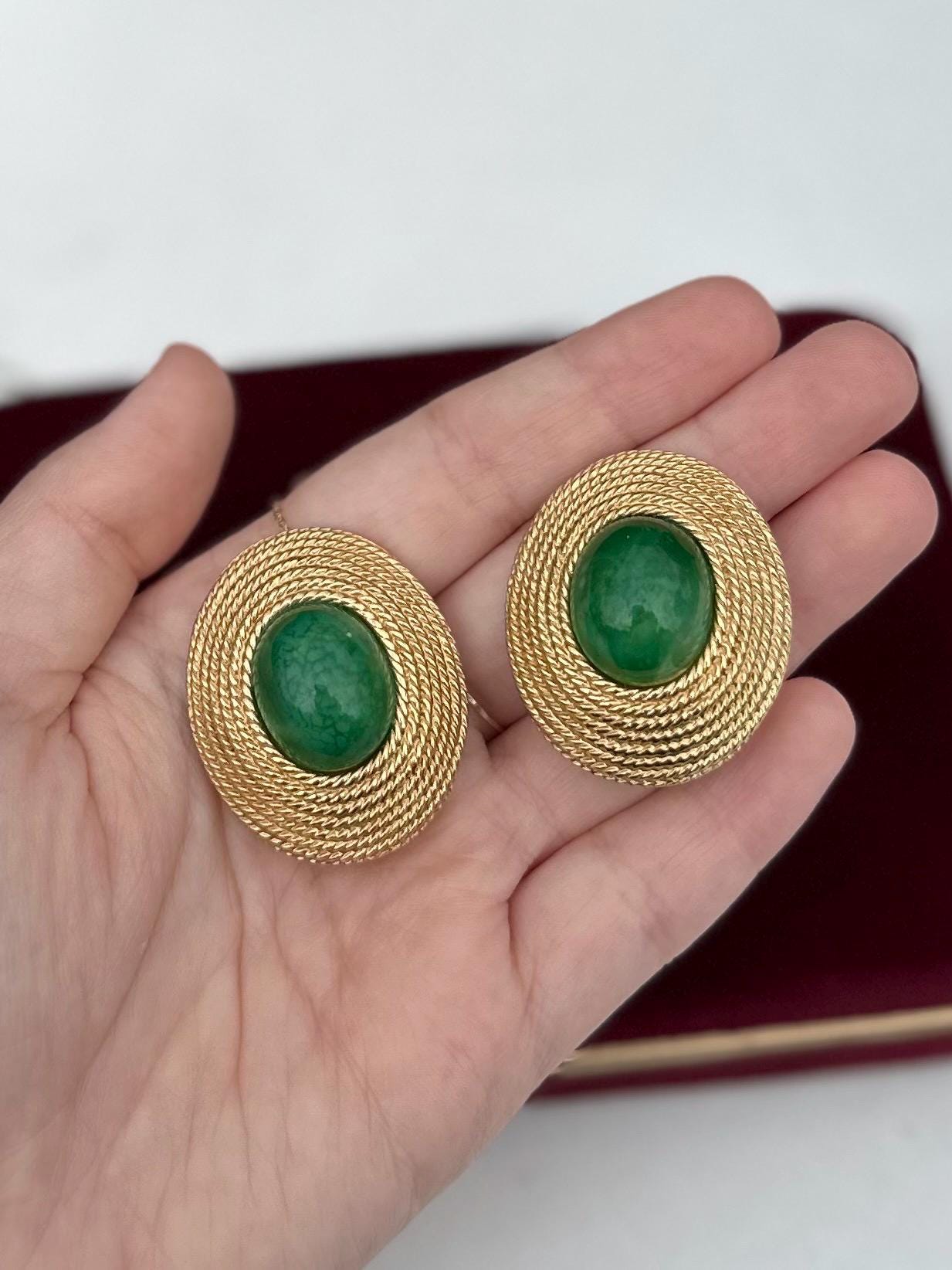 Vintage Signed CINER Gold Tone & Green Peking Glass Cabochon Large Statement Clip-on Earrings