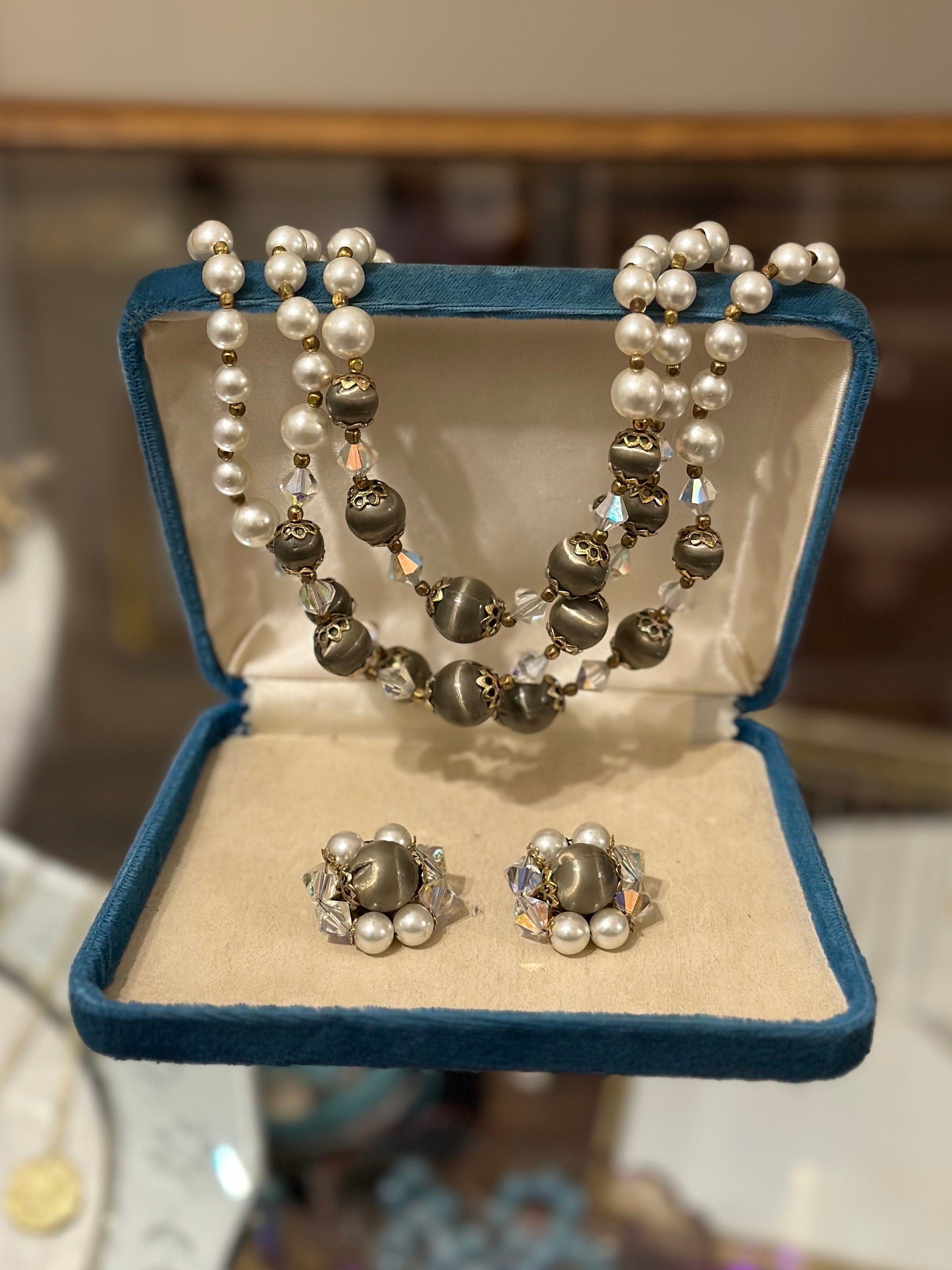 Vintage 1960s Faux Taupe & Cream Pearl and Crystal Beaded Triple Strand Choker Collar Necklace with Matching Clip-On Earrings
