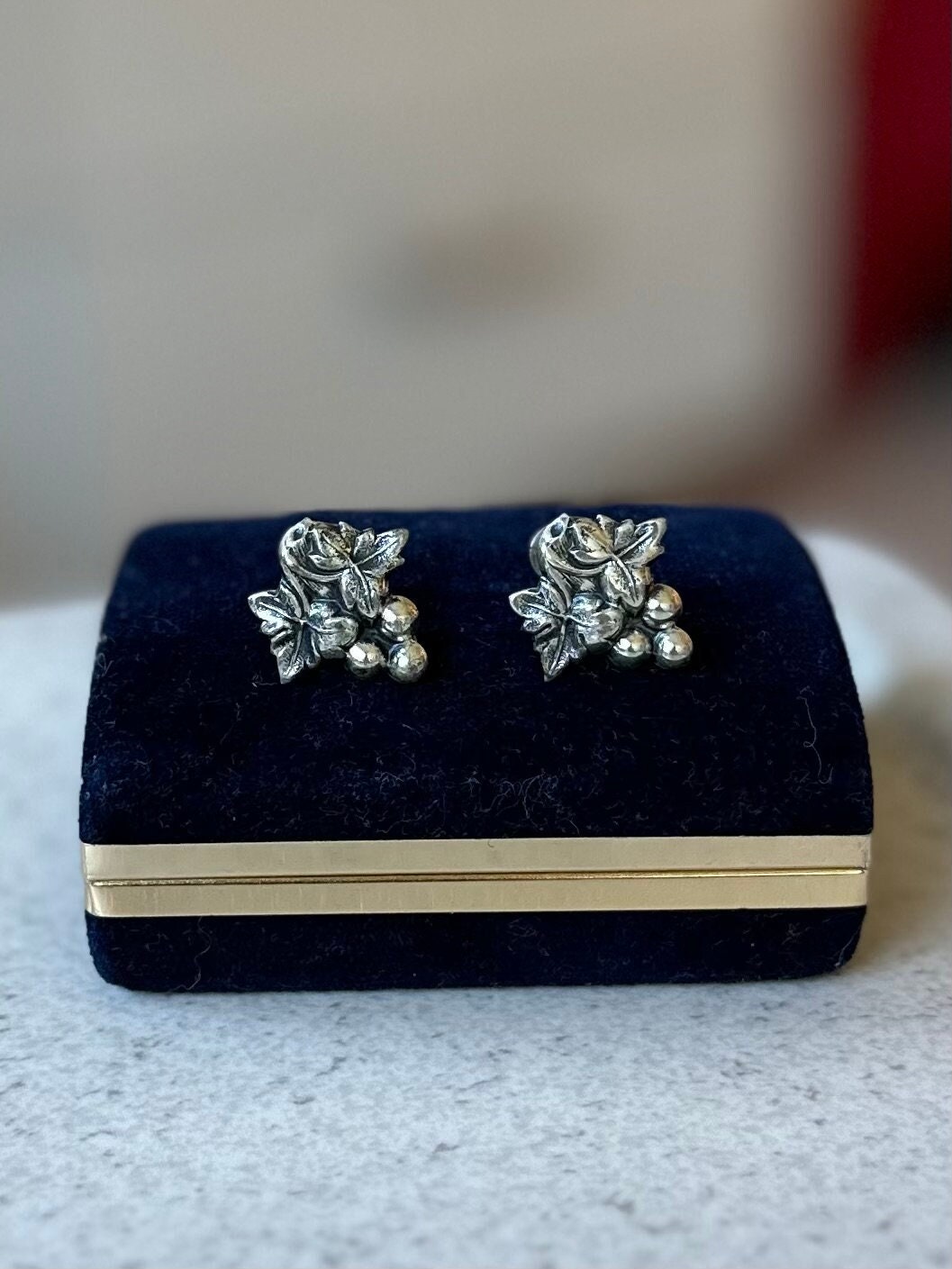 Vintage Midcentury Signed Jewel Art Sterling Silver Grape Leaves Cluster Motif Screw Back Earrings