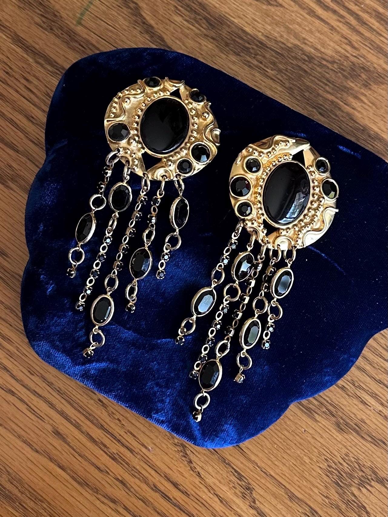 Vintage Signed SORRELLI Gold Tone & Black Rhinestone and Crystal Chandelier Statement Clip-on Earrings Runway