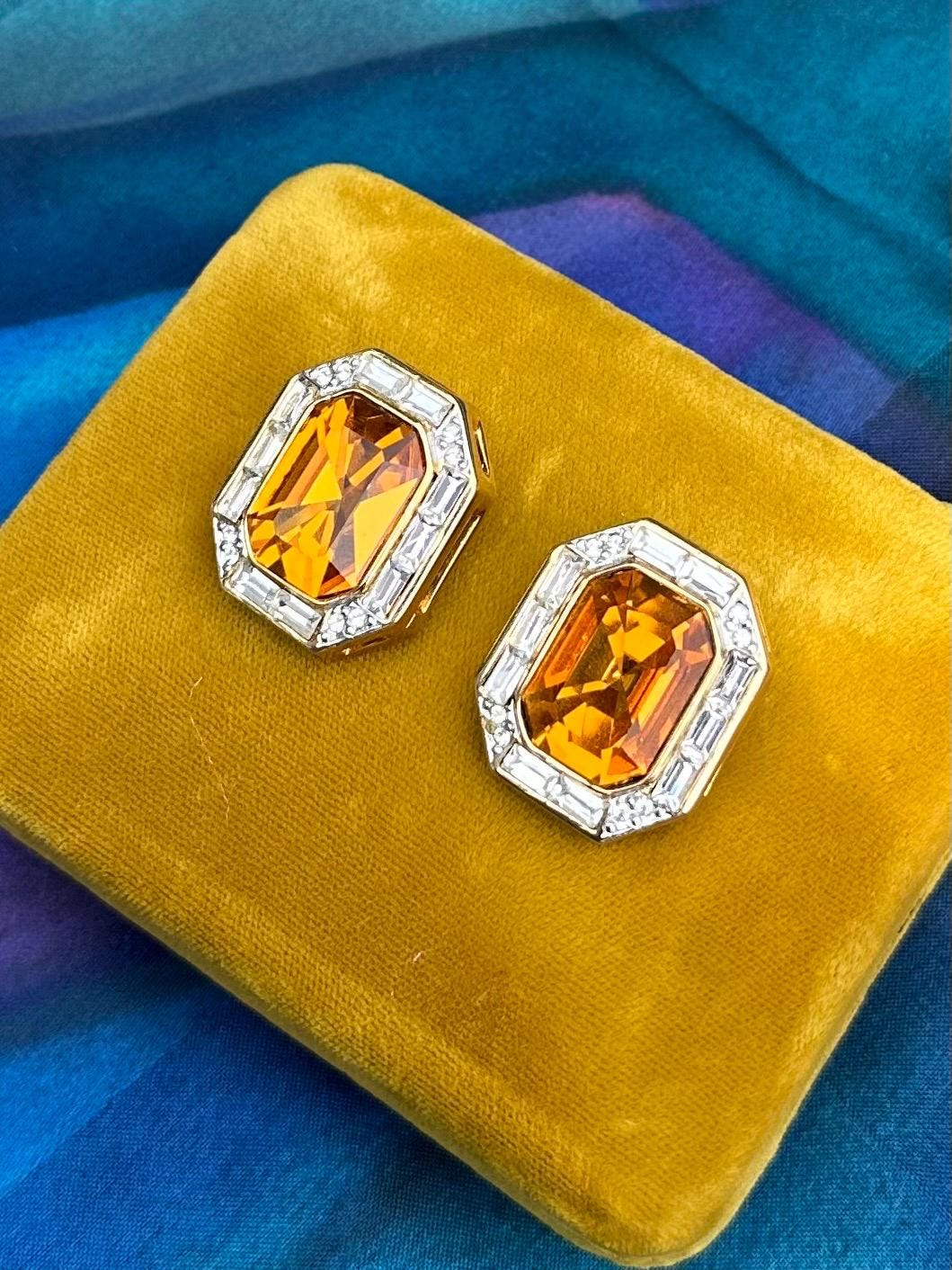 Vintage Signed LES BERNARD Large Faceted Orange Glass & Clear Rhinestone Gold Tone Octagonal Rectangle Statement Clip-on Earrings