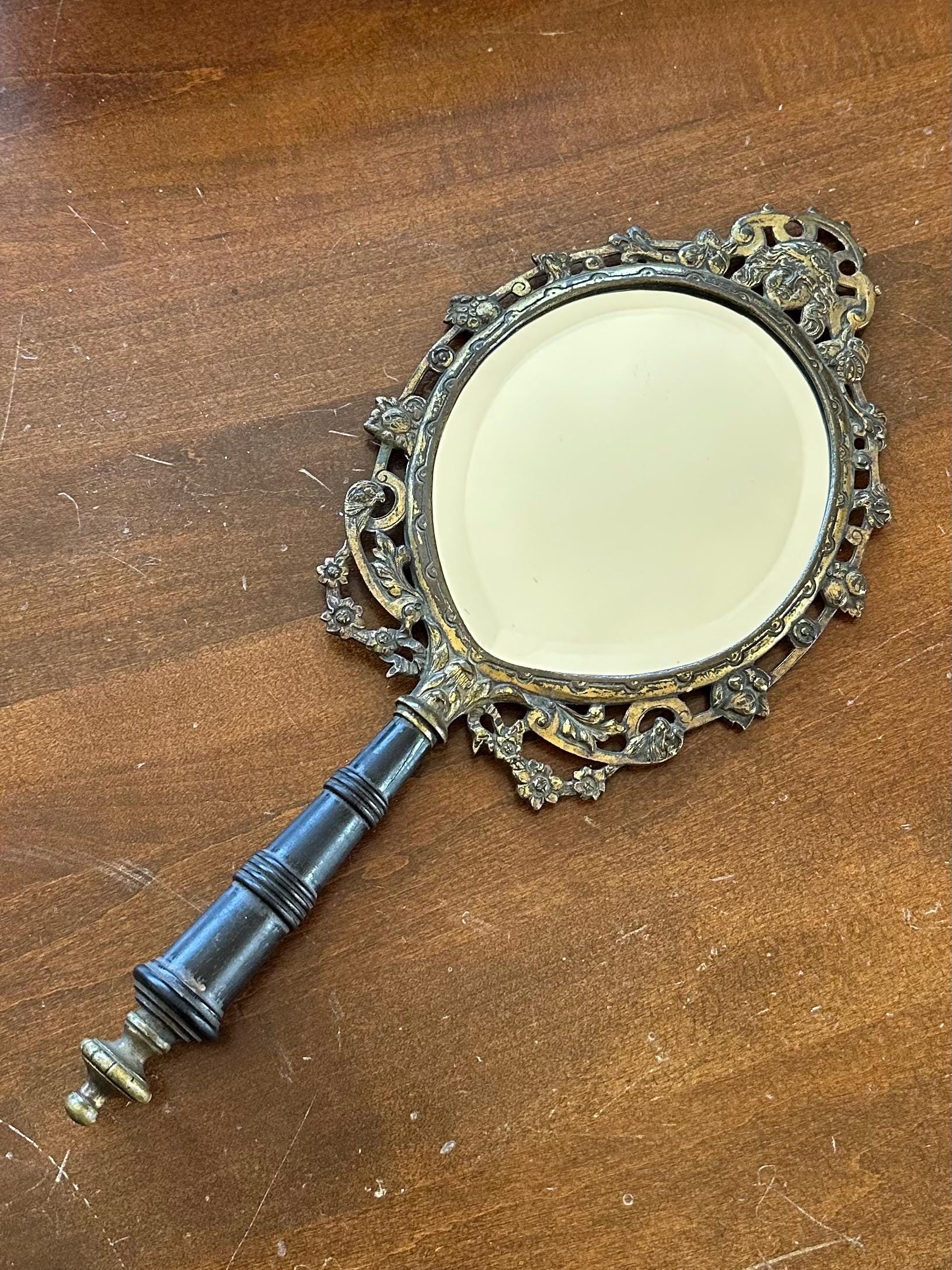 RARE 19th Century Antique Victorian Brass & Black Ebony Wood Beveled Glass Vanity Hand Mirror with Florals, Vines, and Lady Head Art Nouveau