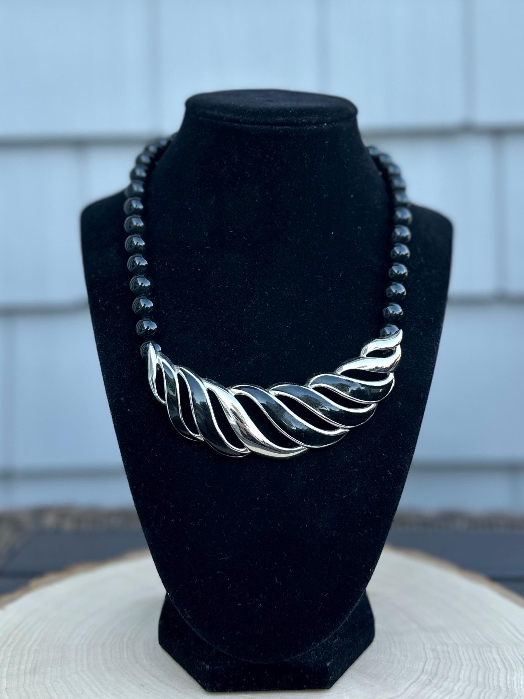 Vintage 1980s Signed MONET Black & Silver Tone Beaded Collar Bib Necklace 18” Adjustable