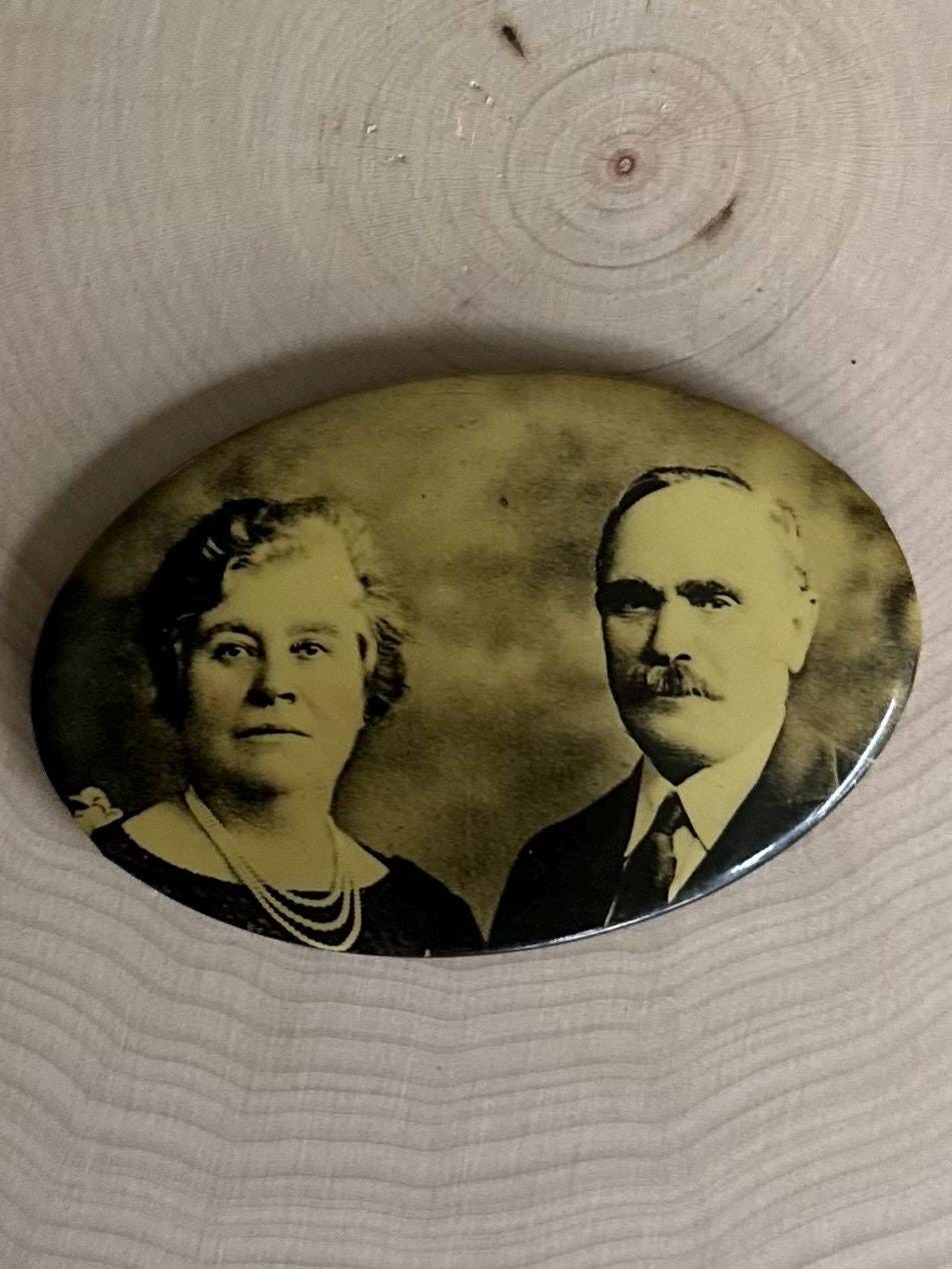 Antique Art Deco 1920s Older Married Couple Oval Pocket Celluloid Mirror Black & White