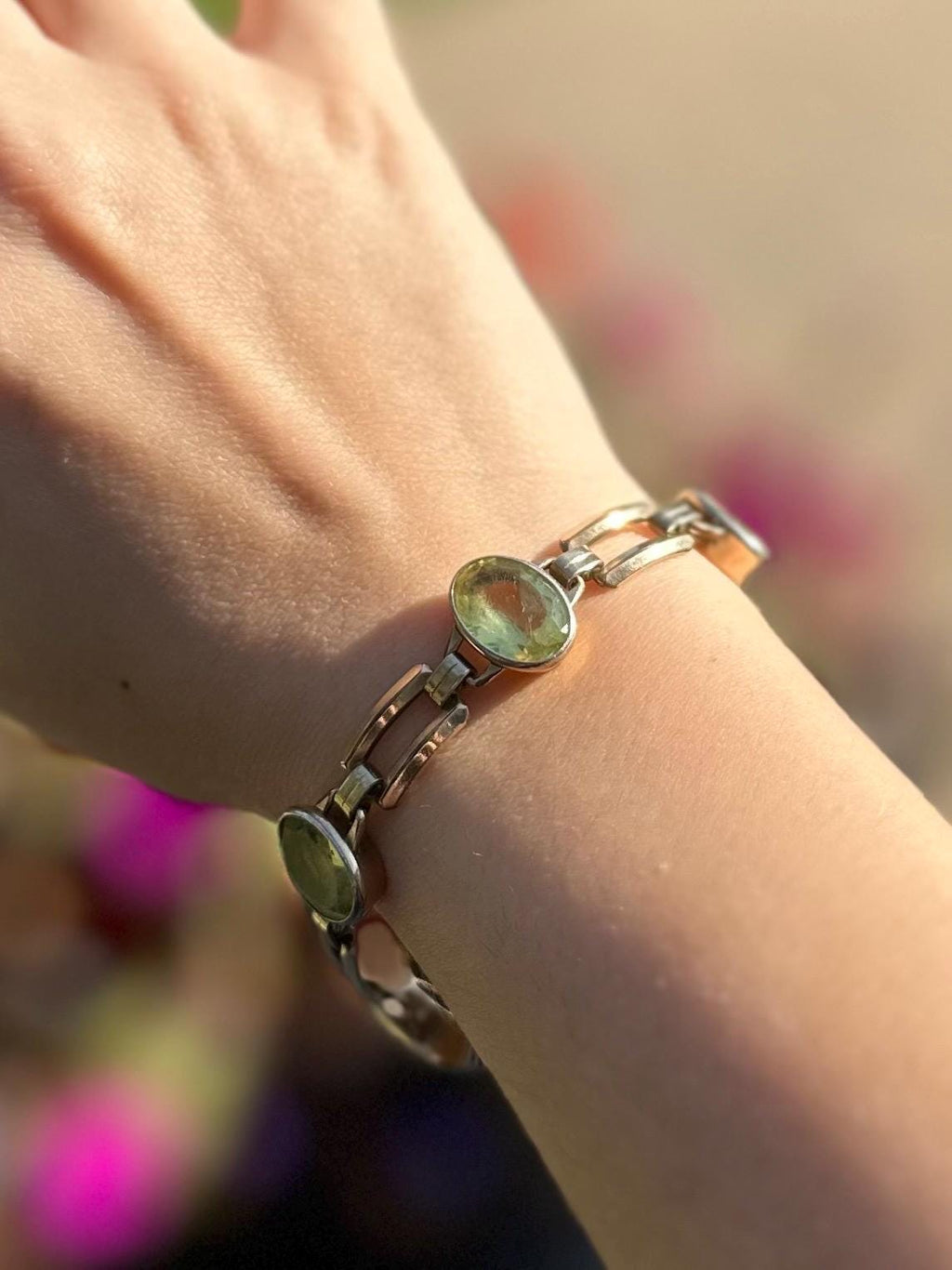 Vintage 1940s Art Deco Signed ENGEL BROTHERS 1/20 10k Gold Filled Faceted Cut Light Green Glass Stones Link Bracelet 7”