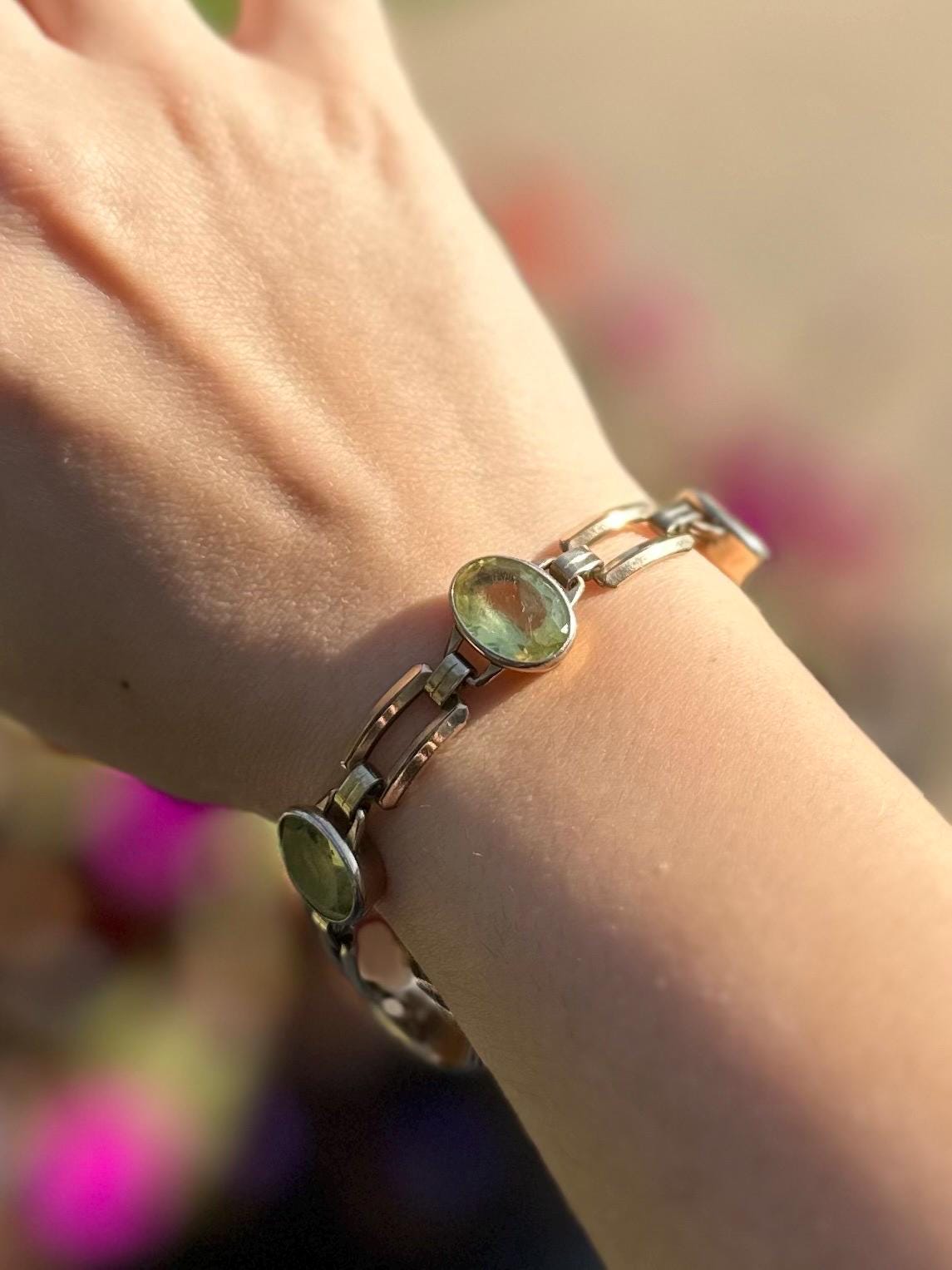 Vintage 1940s Art Deco Signed ENGEL BROTHERS 1/20 10k Gold Filled Faceted Cut Light Green Glass Stones Link Bracelet 7”