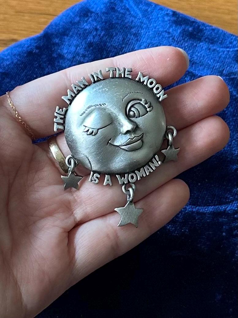 Vintage 1980s Signed JJ Jonette The Man in the Moon is a Woman Celestial Moon & Stars Silver Tone Brooch Feminist