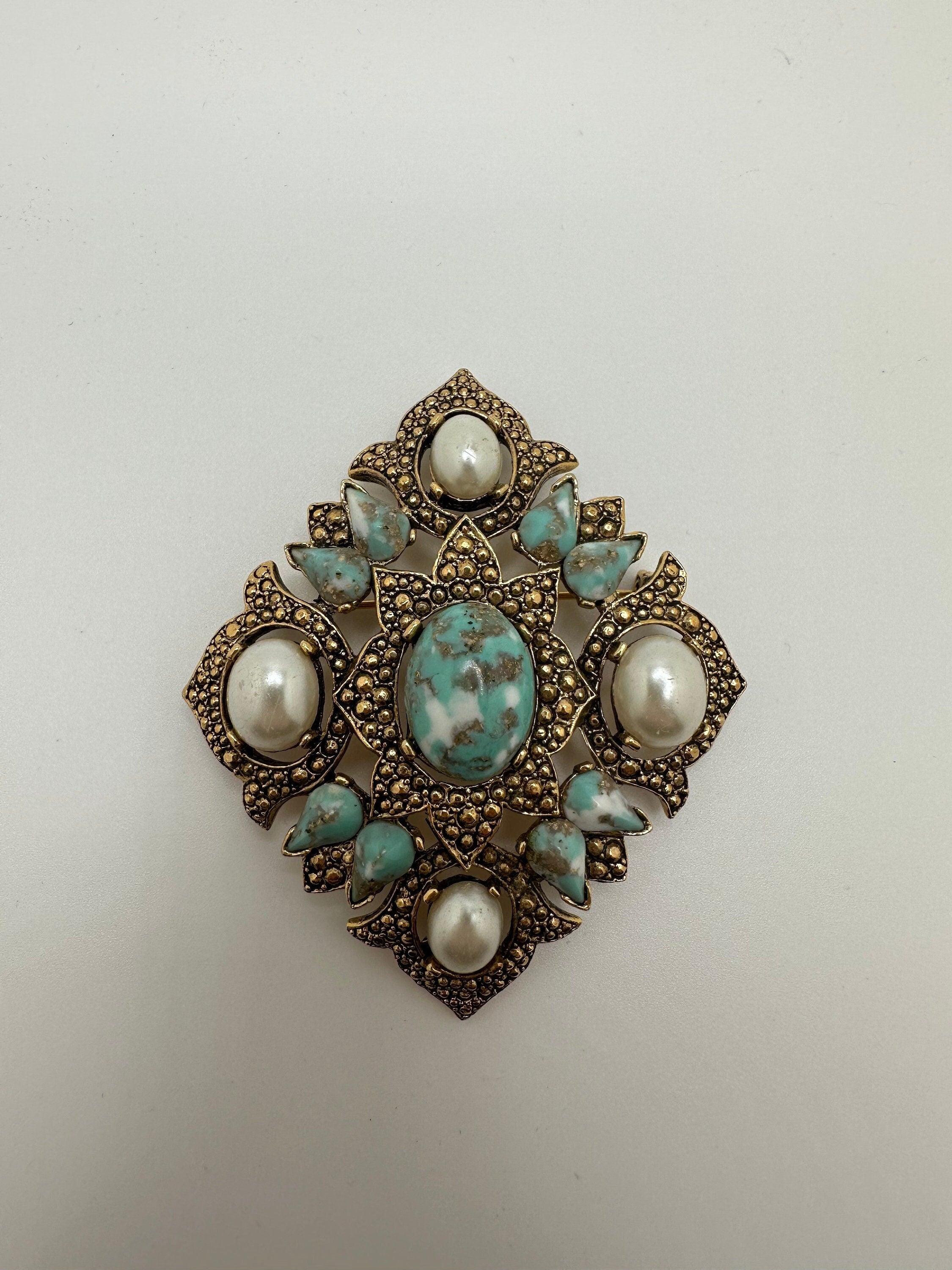 Vintage Signed Sarah Coventry 'Remembrance' Brooch or Pendant with Faux Pearls and Turquoise Cabochon Center Gold Tone