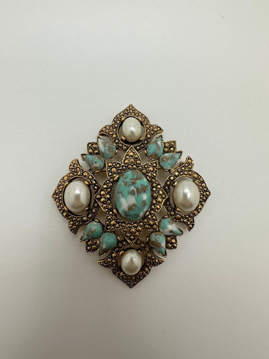 1960s Signed Sarah Coventry 'Remembrance' Brooch or Pendant with Faux Pearls and Turquoise Cabochon Center