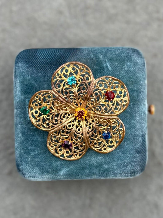 Vintage Midcentury Multicolor Rhinestone Gold Tone Filigree Openwork Flower Floral Brooch Pin