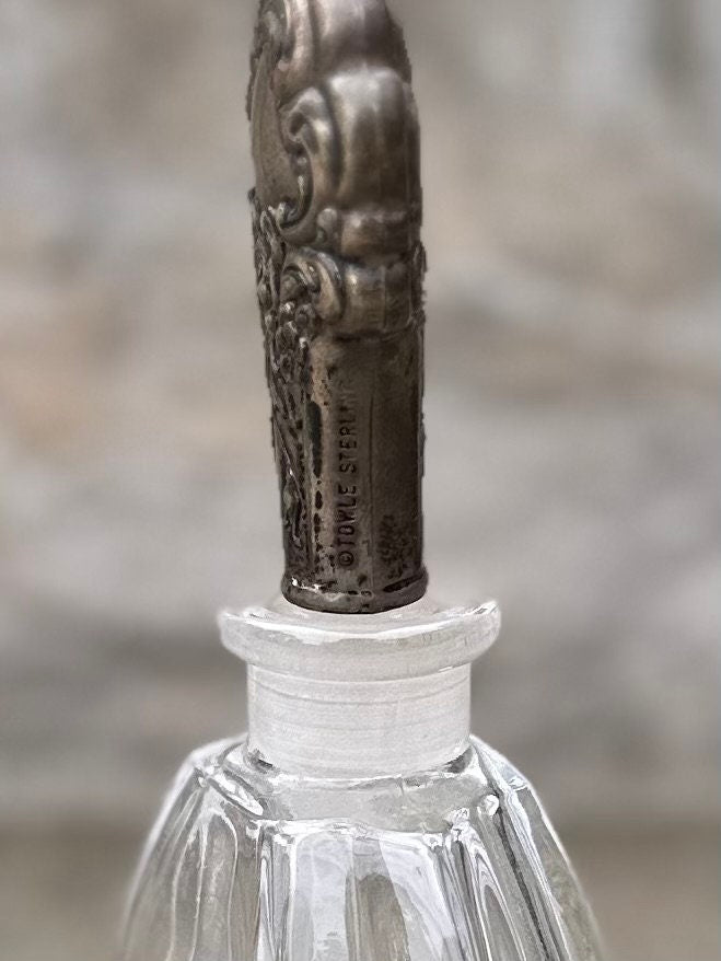 Vintage Signed Towle Sterling Silver Encased Stopper Glass Perfume Bottle Floral Rose Design