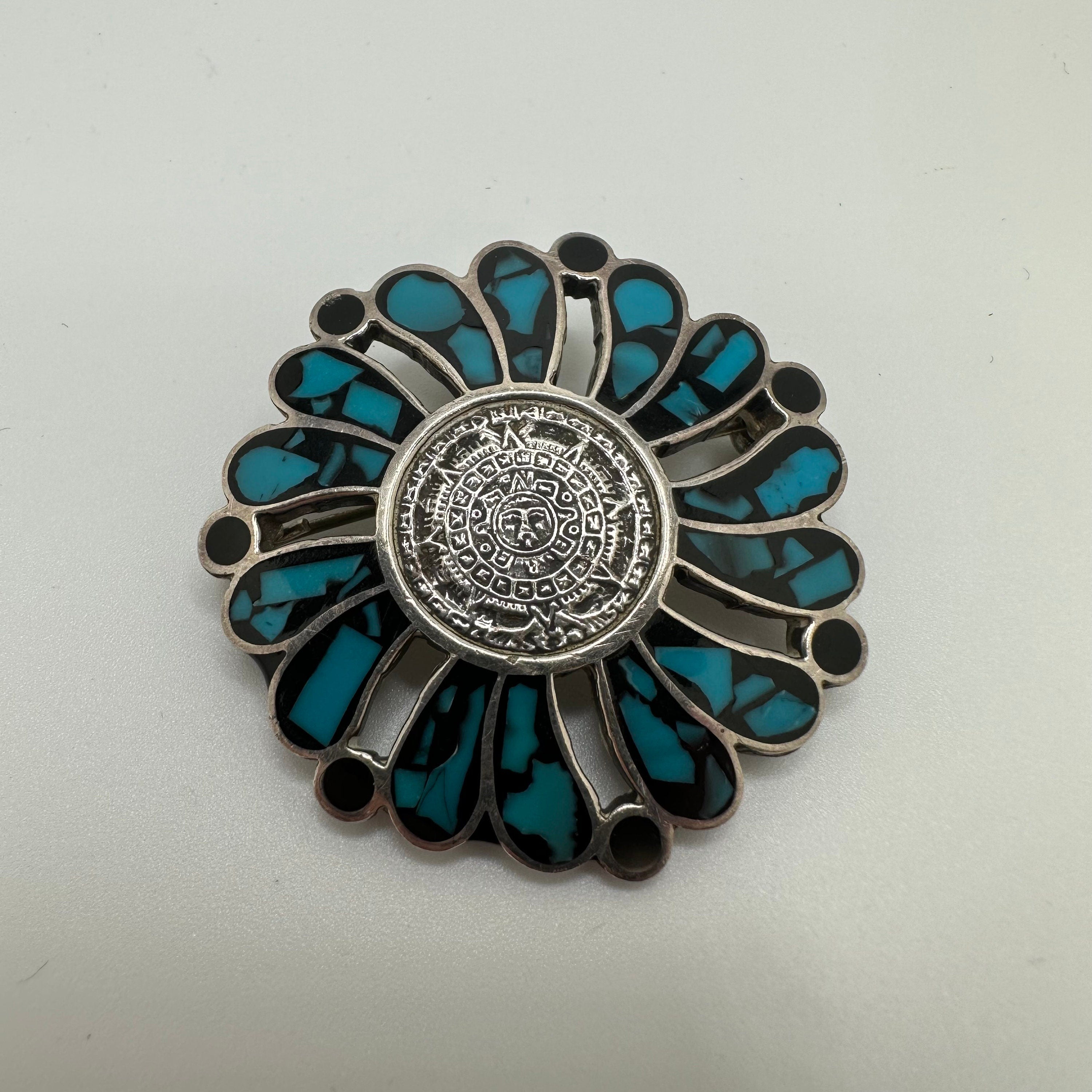 Vintage Signed 925 Sterling Silver Taxco Mexico Genuine Turquoise Inlay Aztec Calendar Pin Brooch