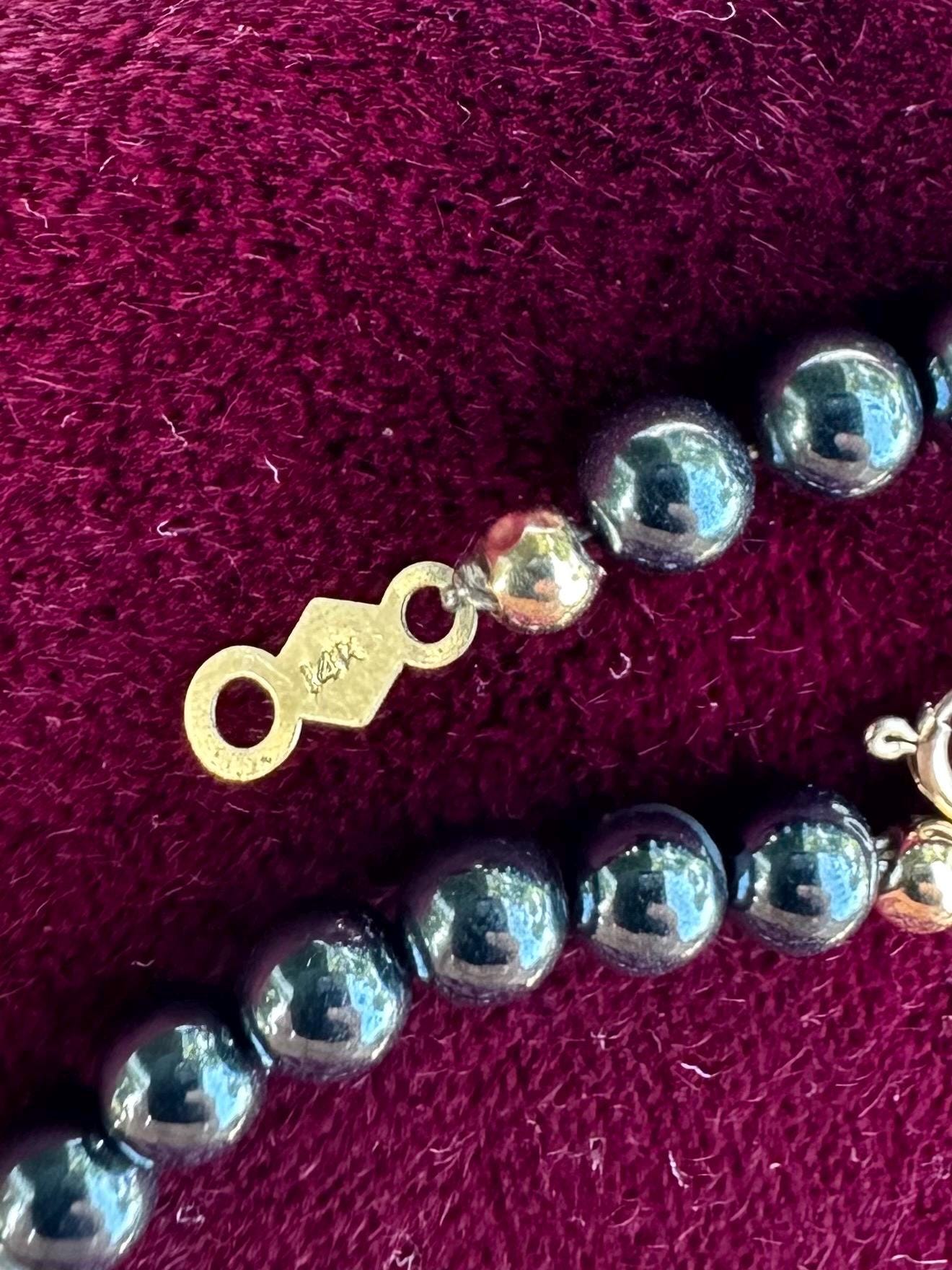 Vintage Dainty 14k Yellow Gold Genuine Hematite & Pearl 4mm Beaded Bracelet 7”