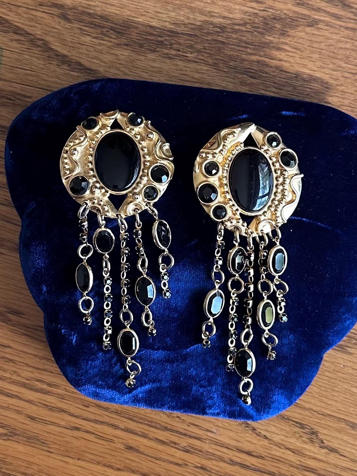 Vintage Signed SORRELLI Gold Tone & Black Rhinestone and Crystal Chandelier Statement Clip-on Earrings Runway