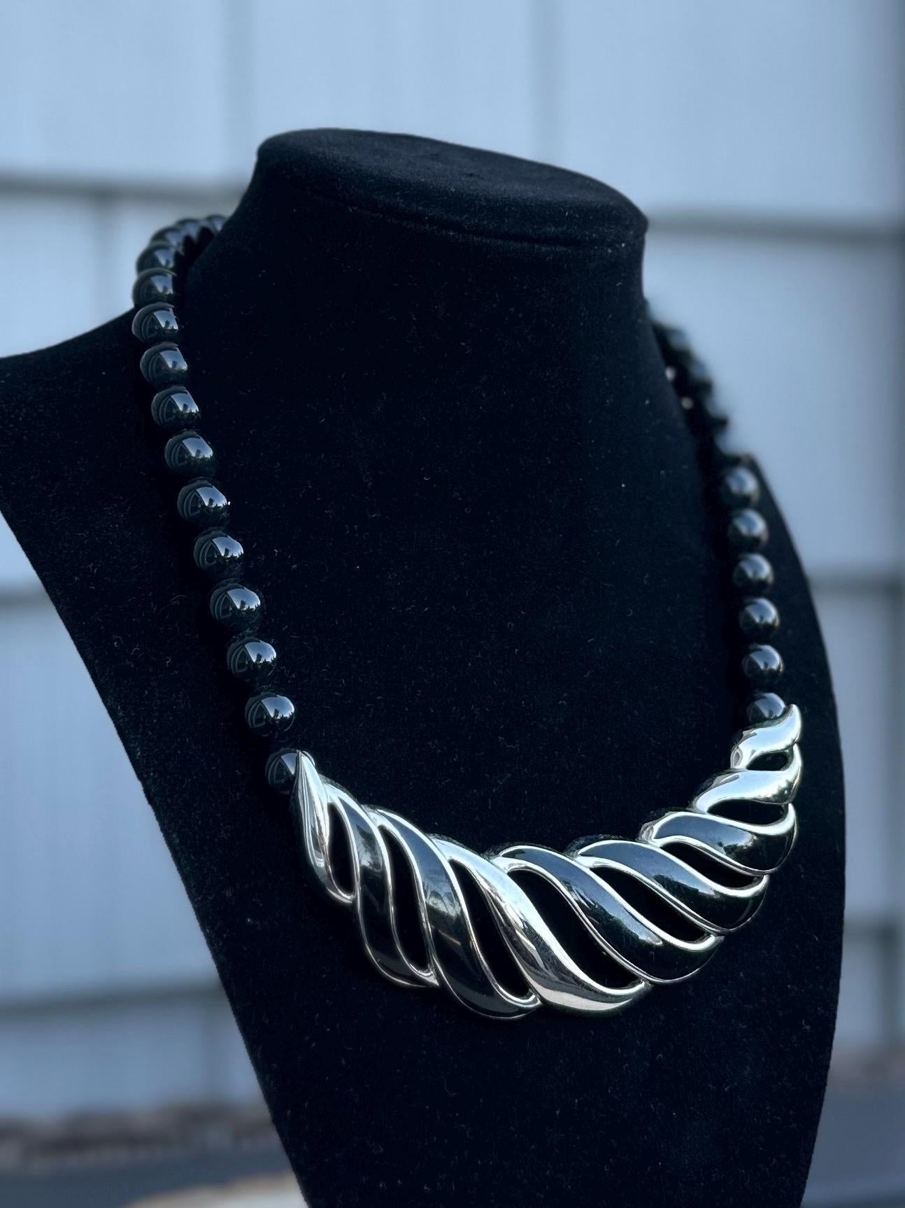 Vintage 1980s Signed MONET Black & Silver Tone Beaded Collar Bib Necklace 18” Adjustable