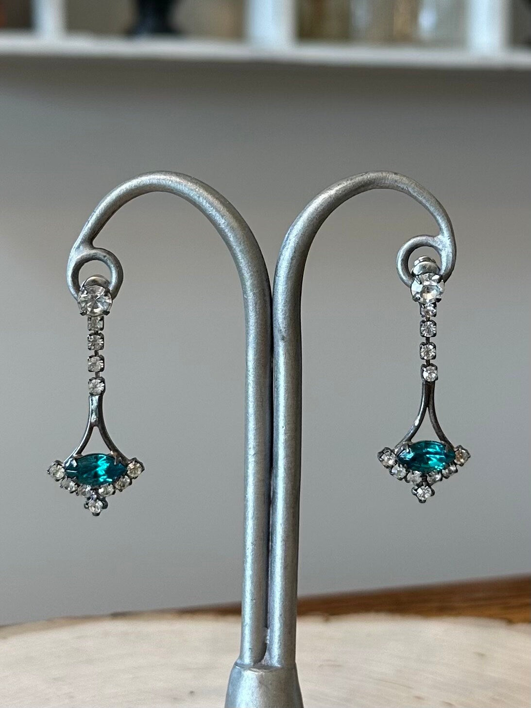 Vintage Midcentury Clear & Teal Marquise Rhinestone Pierced Fan Dangle Earrings