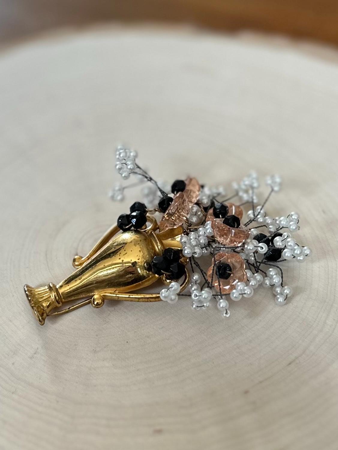 Rare Vintage 1940s 1950s Signed MONET Sterling Silver & Gold Vermeil Urn Brooch Fur Clip with Hand Beaded Wire Wrapped Beaded Flower Bouquet