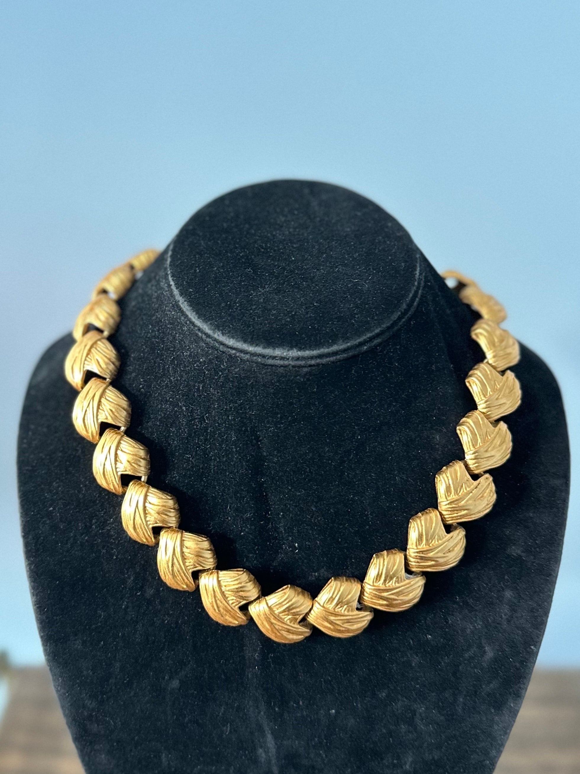 Vintage 1980s 1990s Signed Lion Anne Klein Chunky Matte Finish Gold Tone Necklace Toggle Closure