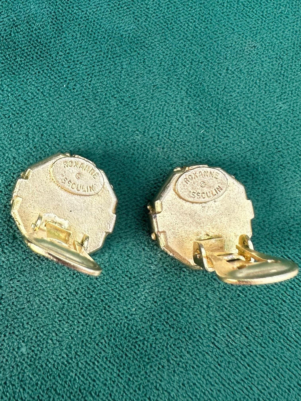 Vintage 1980s Signed ROXANNE ASSOULIN Gold Tone Octagonal Rhinestone Faux CC Engraved Stone Clip-on Earrings Rare
