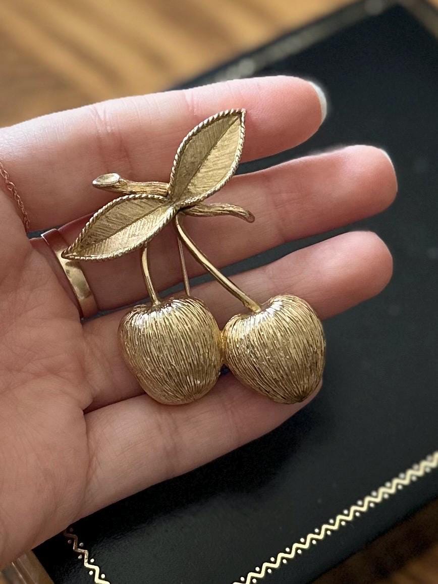 Vintage 1960s Signed SARAH COVENTRY Brushed Gold Tone Cherry Brooch Midcentury