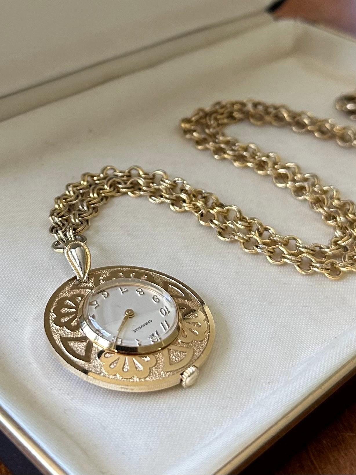 Vintage Midcentury Caravelle by Bulova Gold Plated Swiss Watch Pendant Necklace 24.25" | Needs Battery