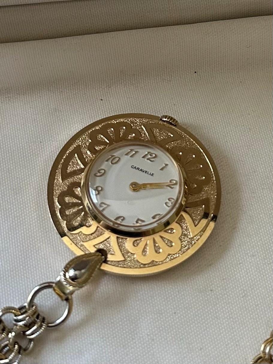 Vintage Midcentury Caravelle by Bulova Gold Plated Swiss Watch Pendant Necklace 24.25" | Needs Battery