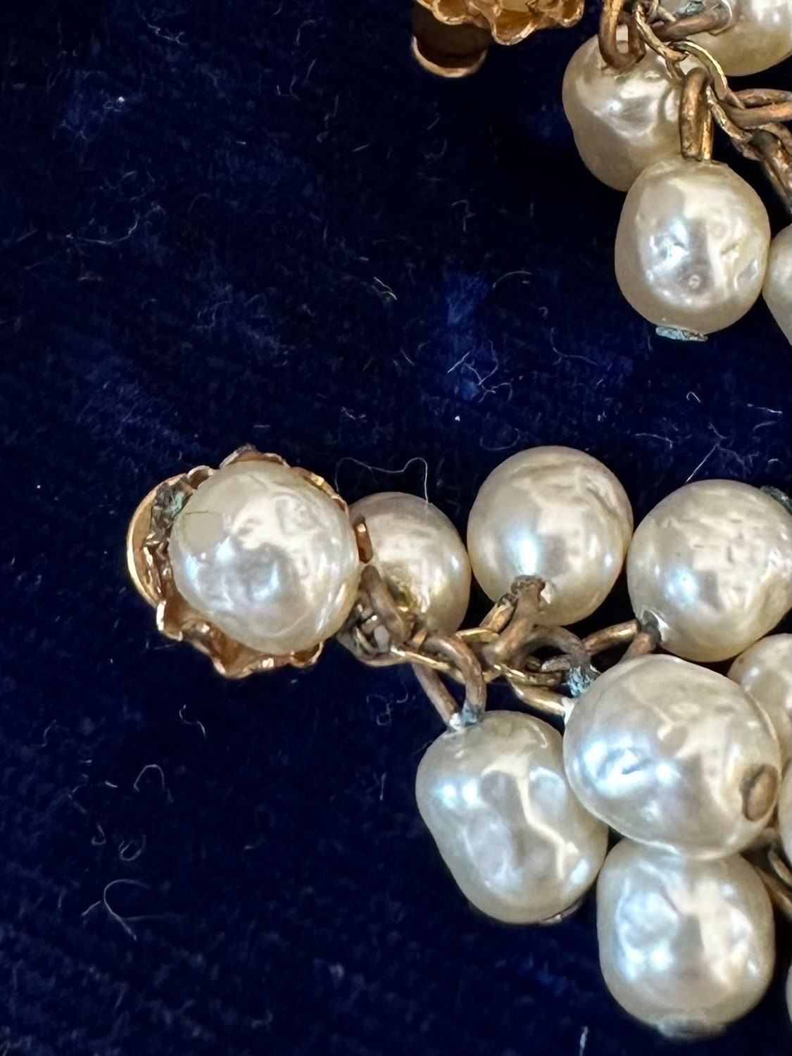Vintage Signed Miriam Haskell Baroque Faux Pearl Cluster Dangle Earrings Gold Tone