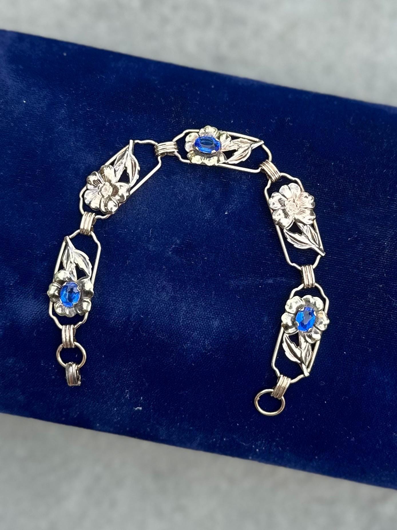 Vintage 1930s Signed Providence Stock Co. 1/20 12k Gold Filled Sterling Silver Floral Blue Rhinestone Link Bracelet