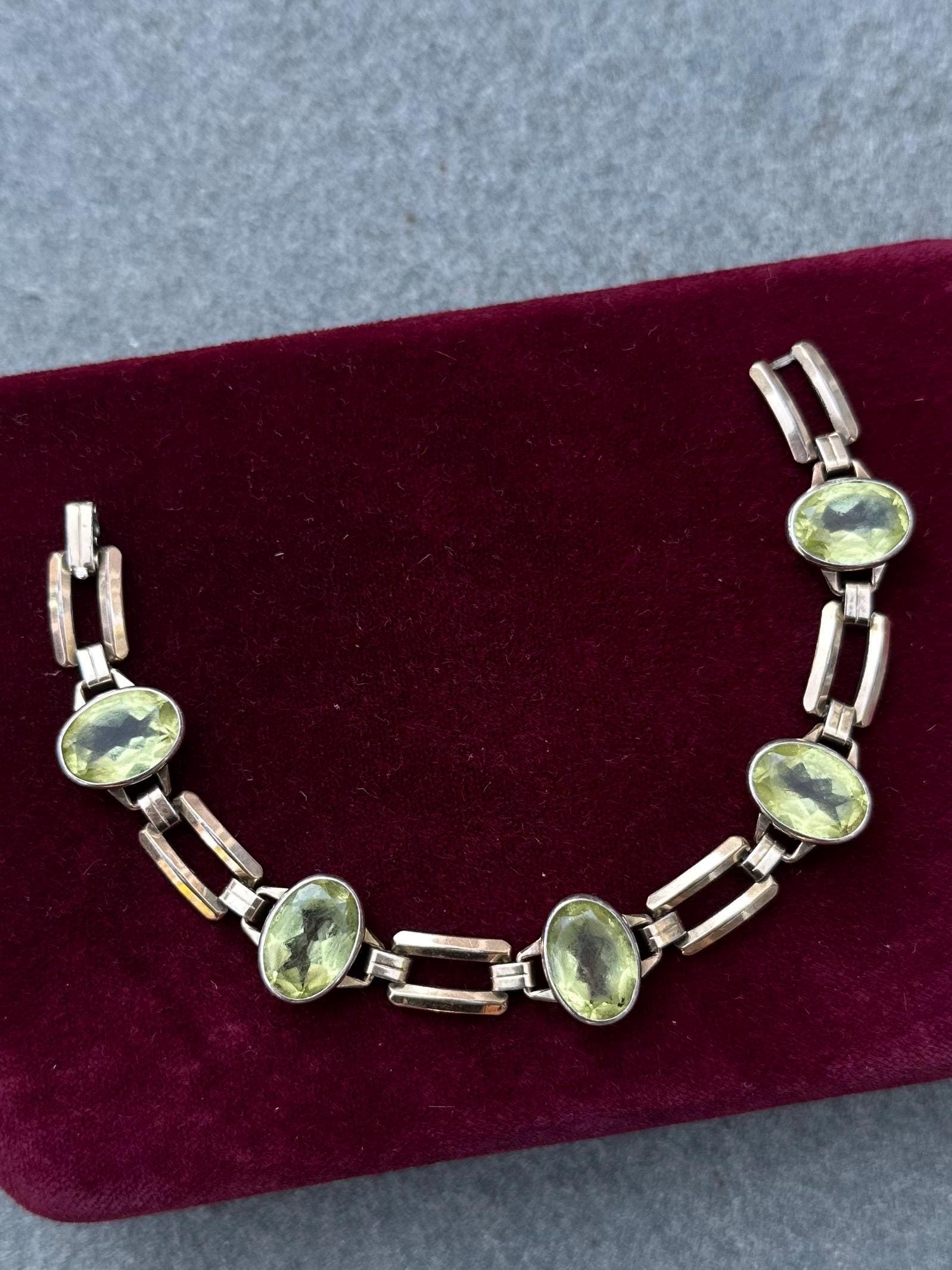 Vintage 1940s Art Deco Signed ENGEL BROTHERS 1/20 10k Gold Filled Faceted Cut Light Green Glass Stones Link Bracelet 7”