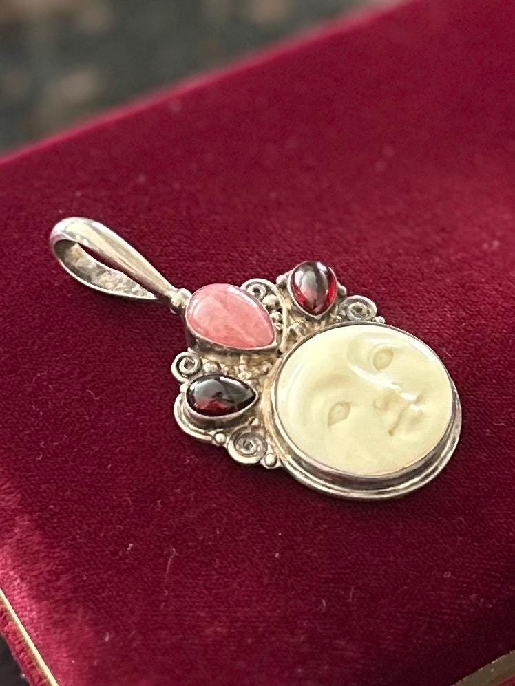Vintage Signed SAJEN Sterling Silver & Carved Bone Moon Face with Cabochon Gemstones Statement Pendant Balinese