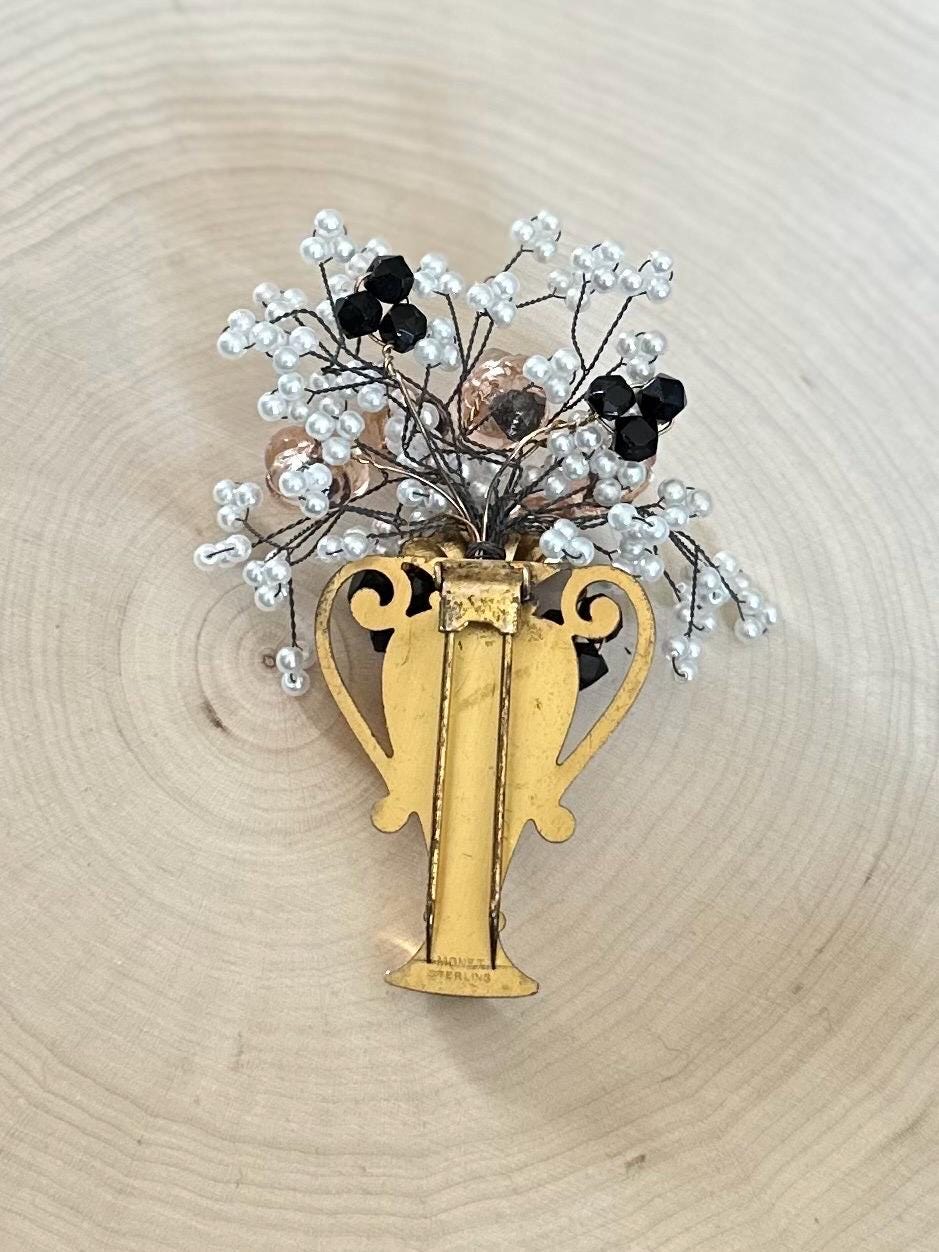 Rare Vintage 1940s 1950s Signed MONET Sterling Silver & Gold Vermeil Urn Brooch Fur Clip with Hand Beaded Wire Wrapped Beaded Flower Bouquet