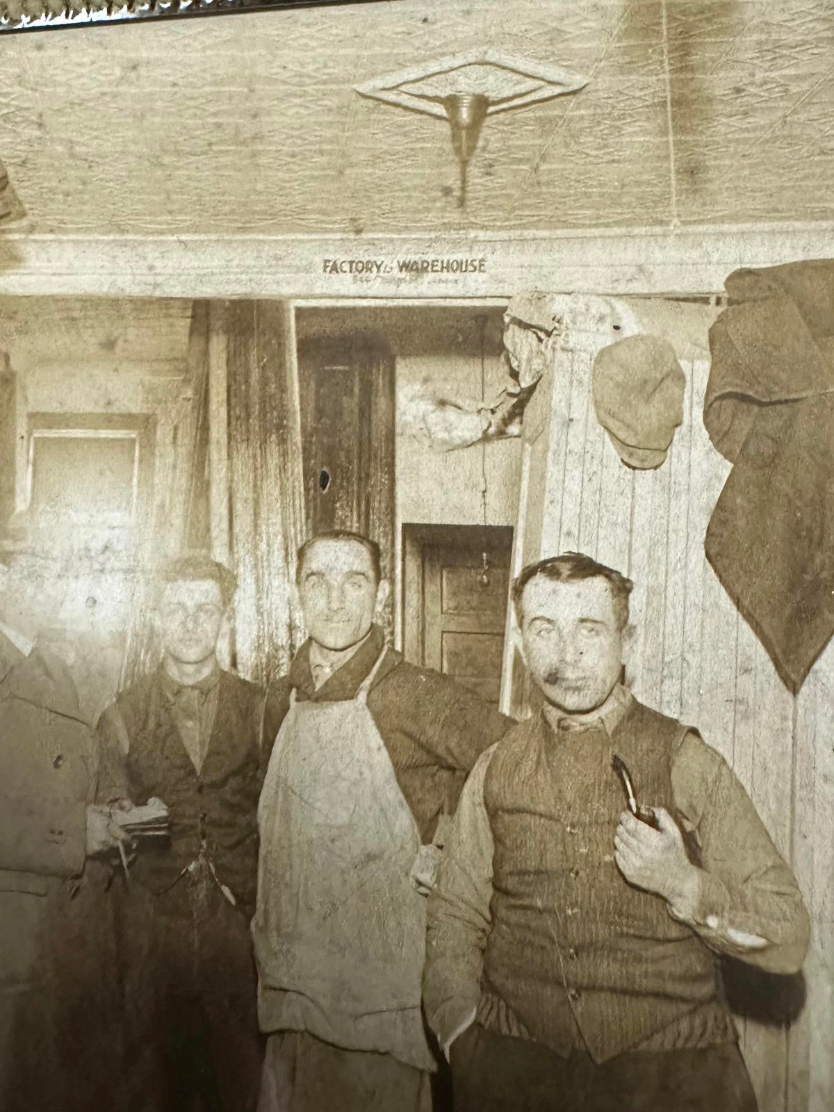 Wood Framed 1920s Photograph Men in Factory Warehouse Jamaica Queens NY