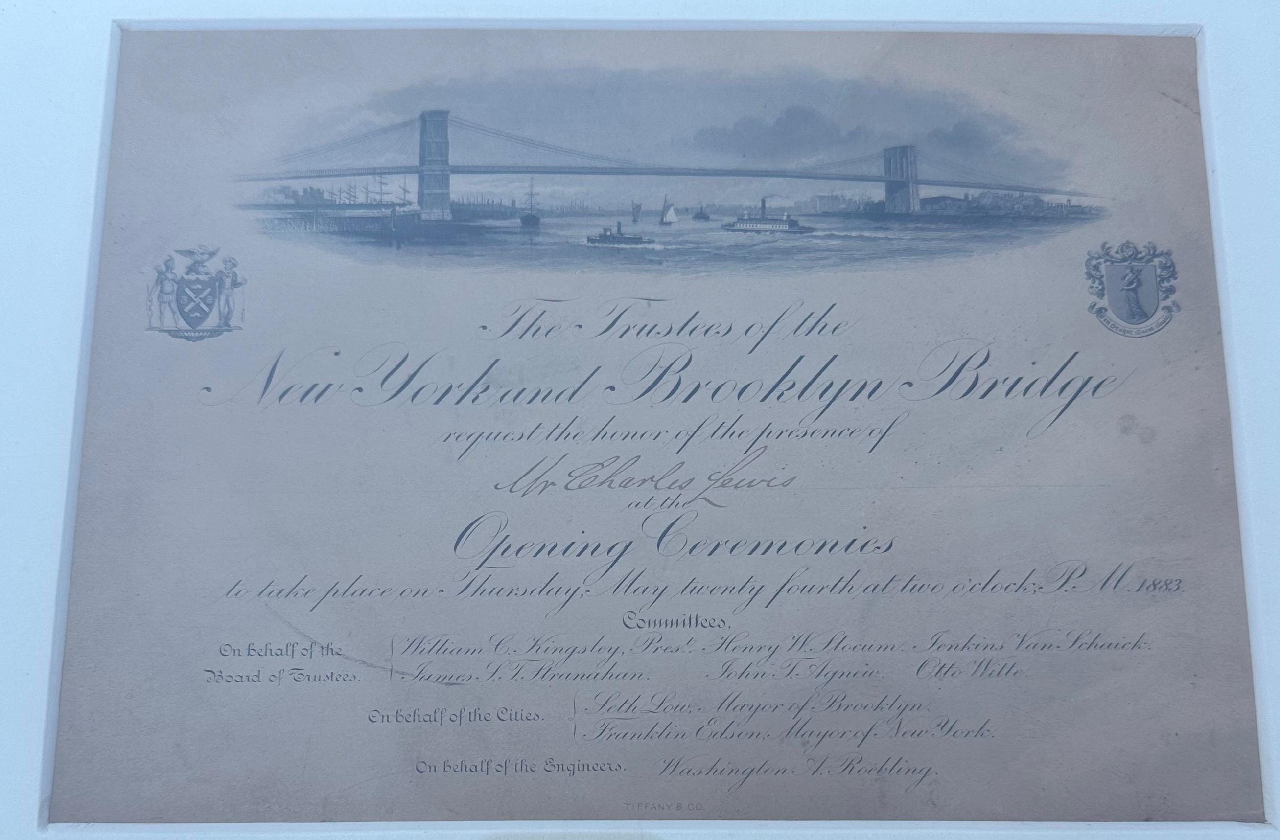 Framed Antique 1883 Original Tiffany & Co. Invitation Opening Ceremonies New York Brooklyn Bridge May 24 1883 Signed 16x12”