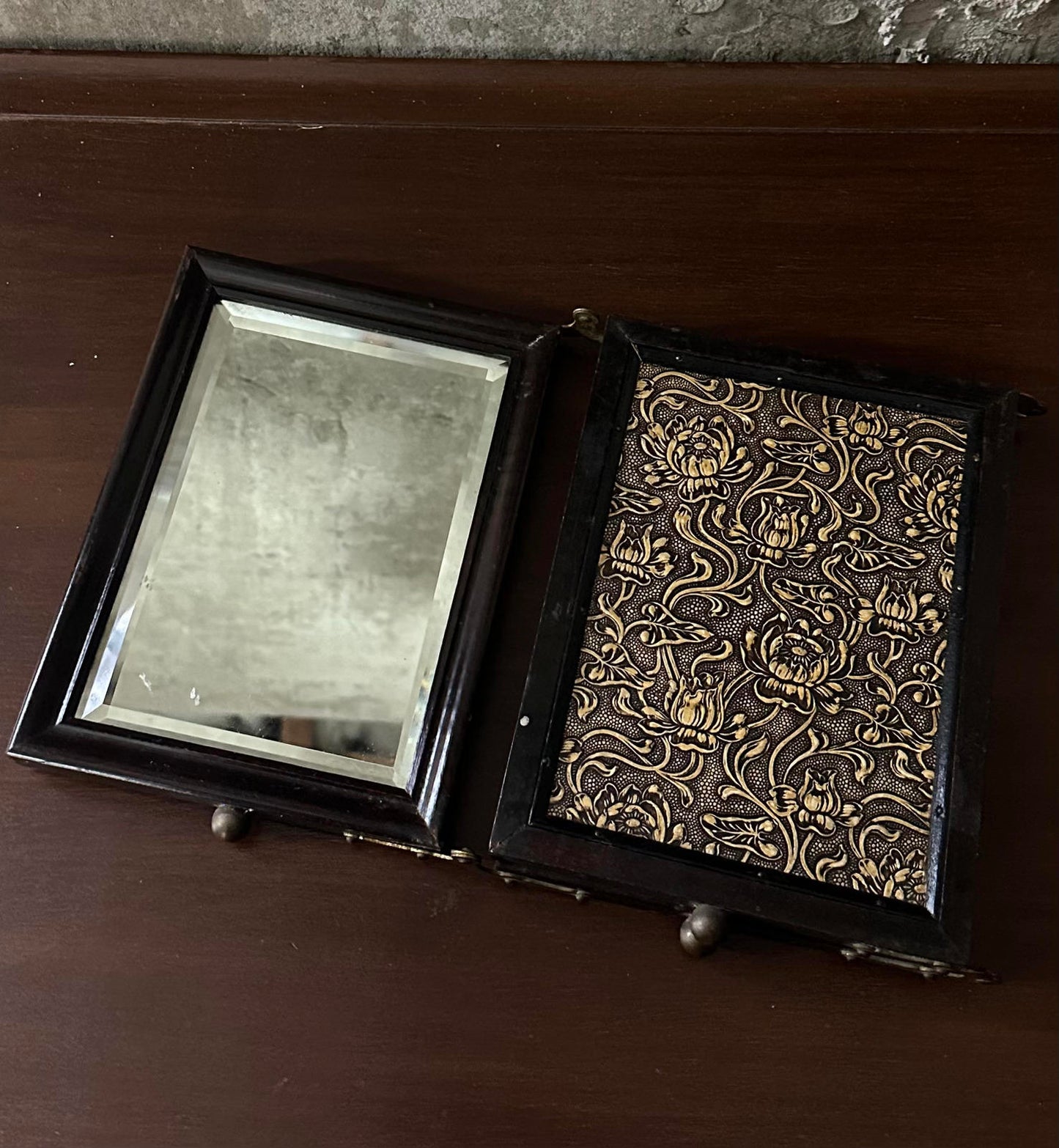 Antique 19th Century Victorian Tabletop Tri-Fold Shaving Mirror Beveled Glass Wood Vanity Mirror