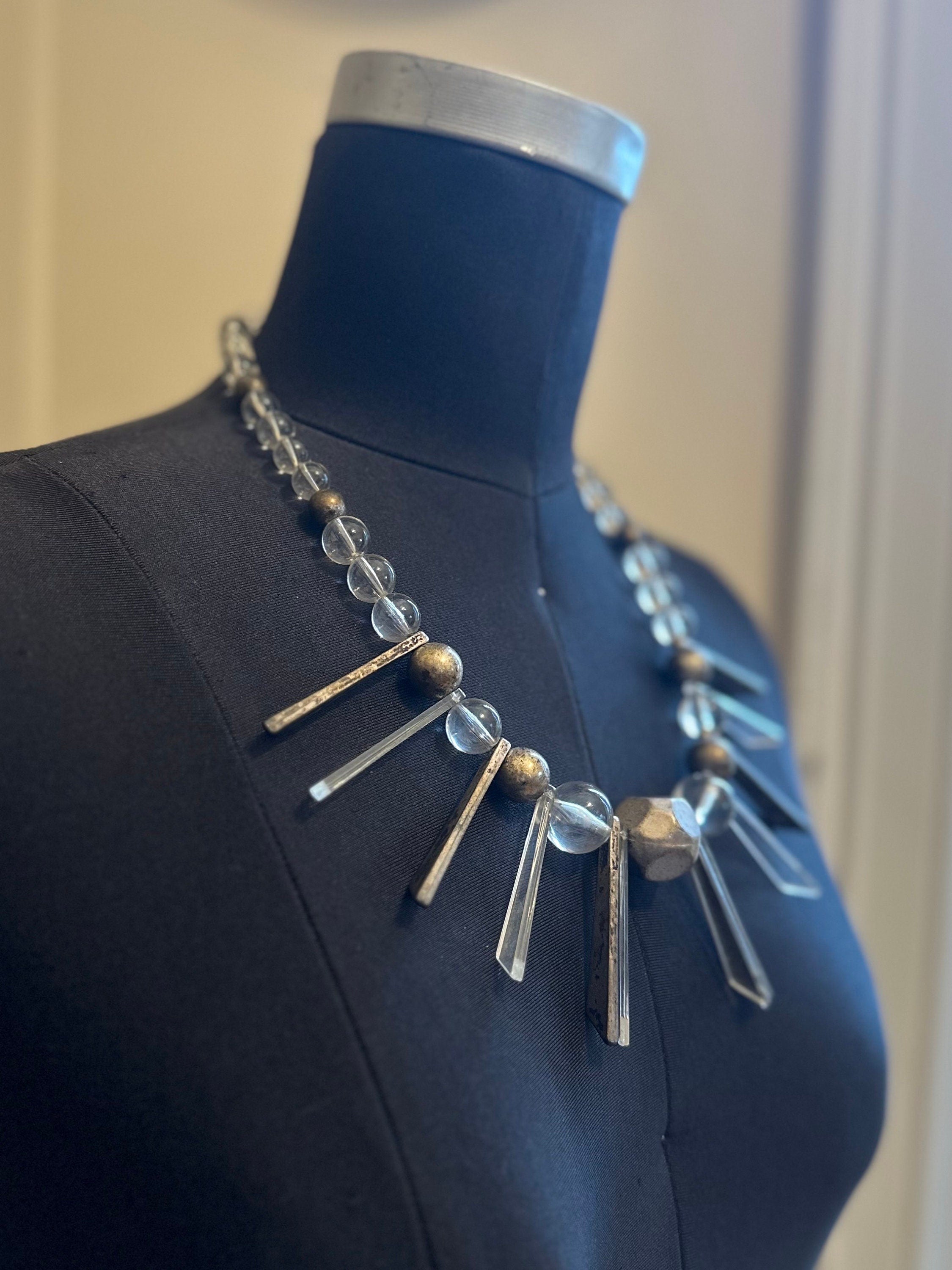 Rare Vintage 1950s Geometric Daggers & Clear Lucite Silver Tone Graduated Beaded Collar Necklace | Avant Garde Couture Statement Jewelry