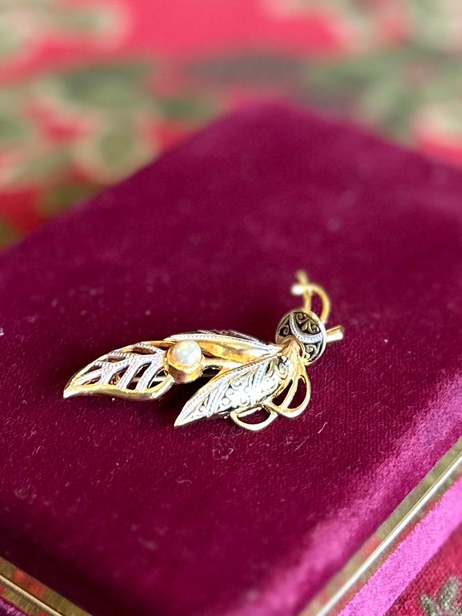 1970s Spanish Damascene Toledo Gold Tone Silver Tone & Black with Faux Pearl Brooch