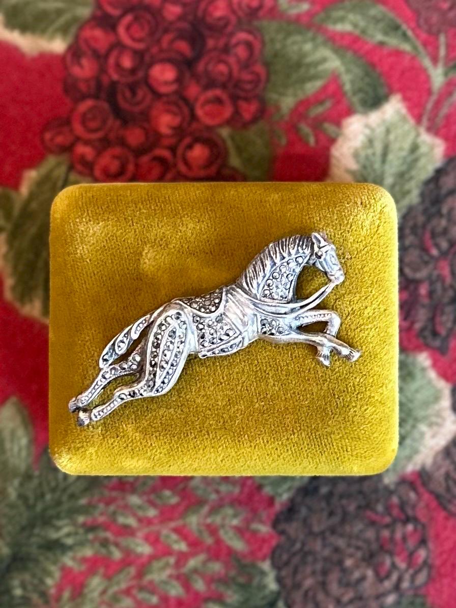 Vintage 1980s 1990s Signed BOMA Sterling Silver & Marcasite Galloping Horse with Reigns Brooch Equestrian