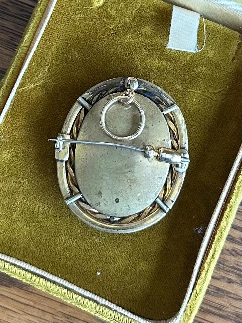 ANTIQUE Victorian Hand Carved Shell Stag Deer Pictorial Landscape Gold Tone Gilt Metal Pinchbeck Brooch or Pendant C-Clasp