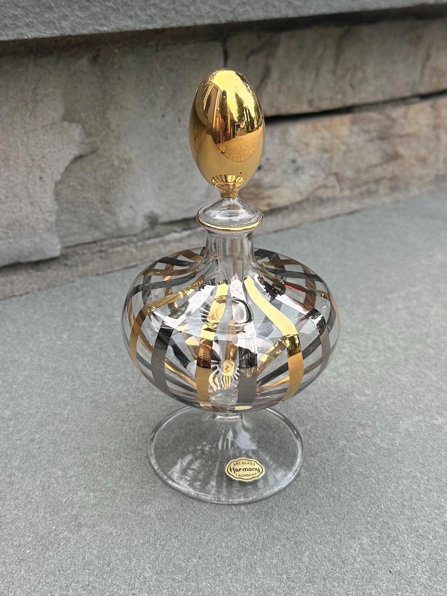 Vintage Midcentury Sicilian Italian Glass Taormina Gold & Silver Hand Painted Perfume Bottle Harmony Art Glass