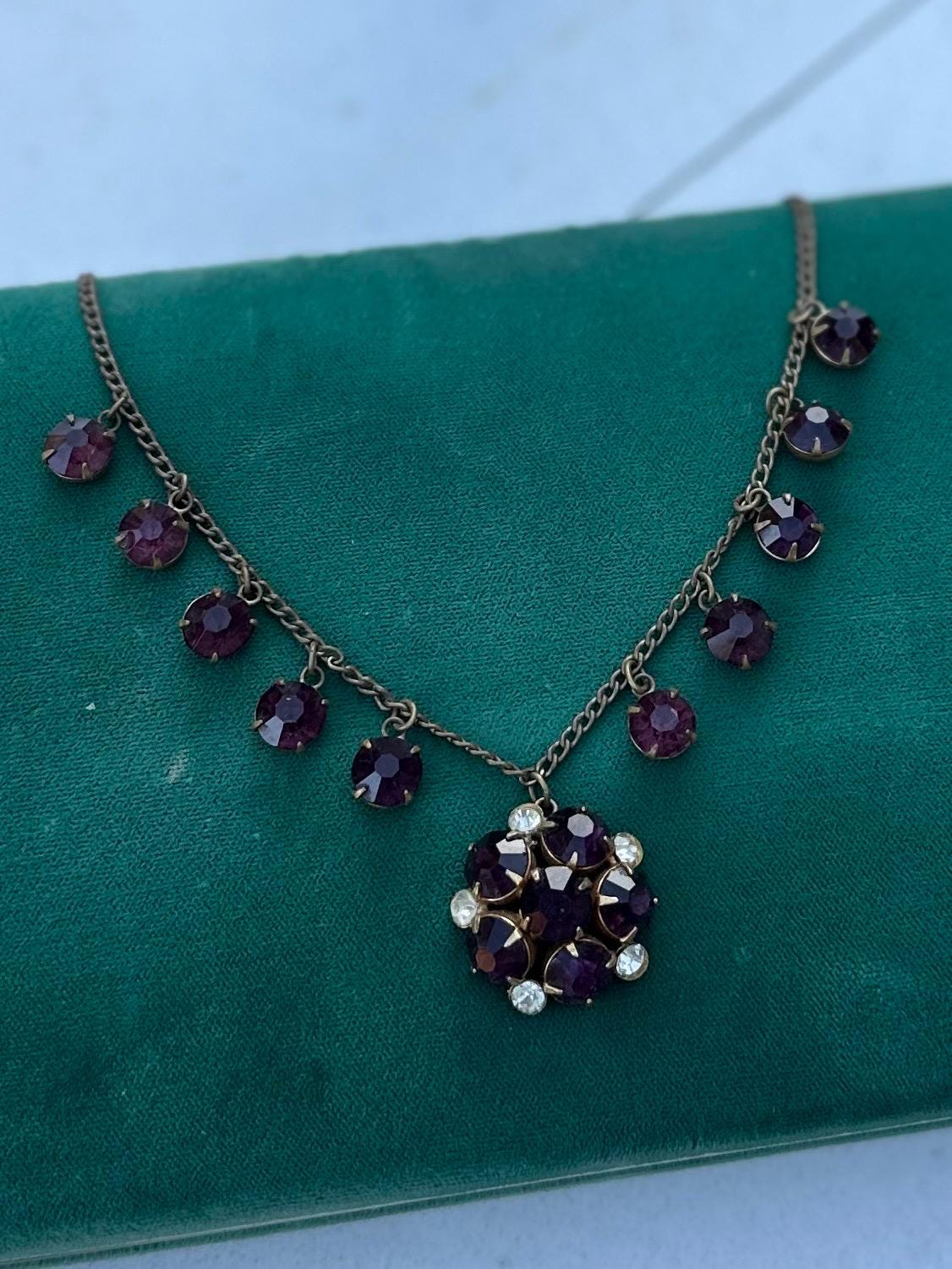Antique Art Deco Faceted Purple & Clear Czech Glass Cluster Pendant Necklace 15.75” Circa 1930s Made in Czechoslovakia