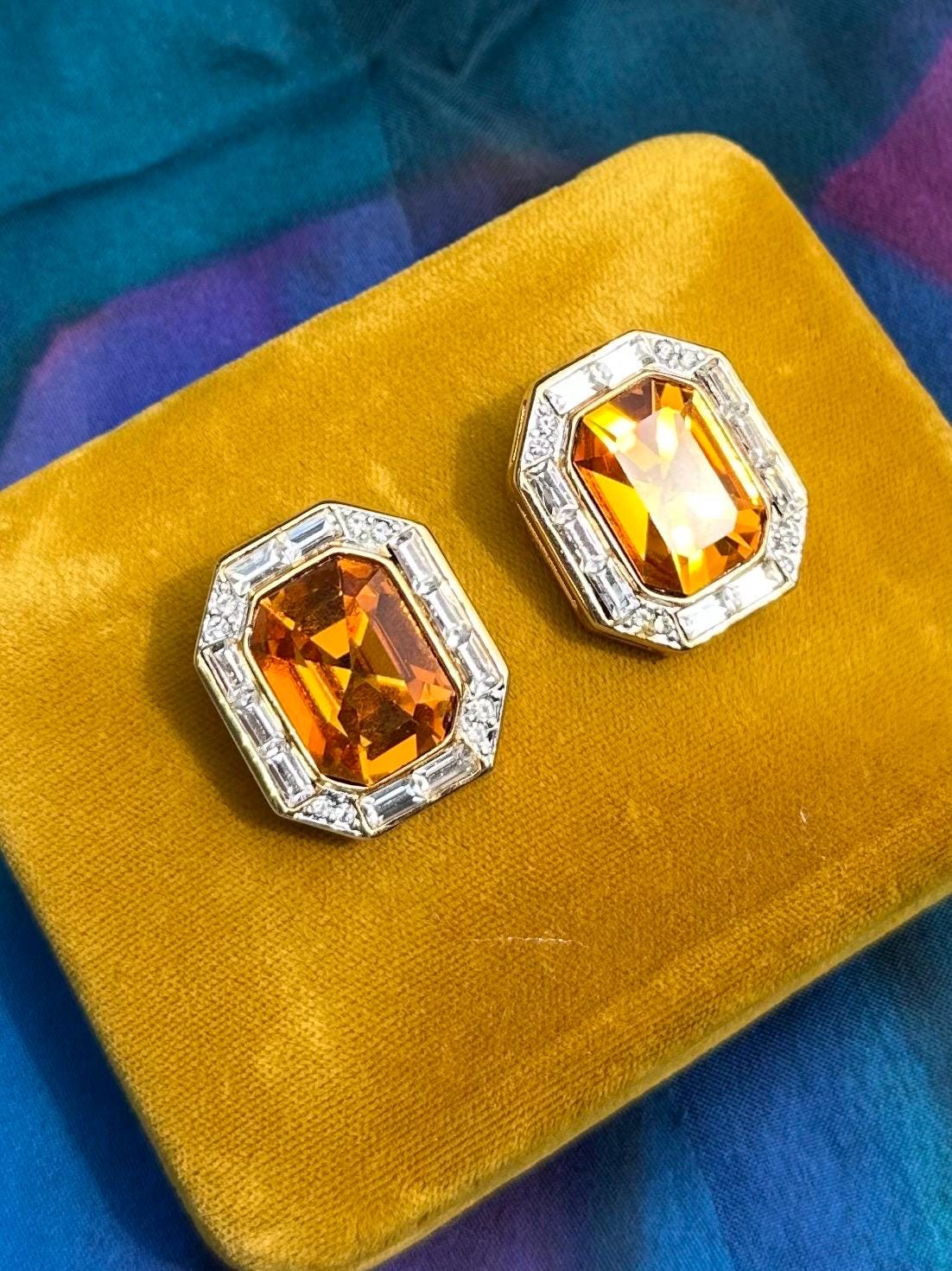 Vintage Signed LES BERNARD Large Faceted Orange Glass & Clear Rhinestone Gold Tone Octagonal Rectangle Statement Clip-on Earrings